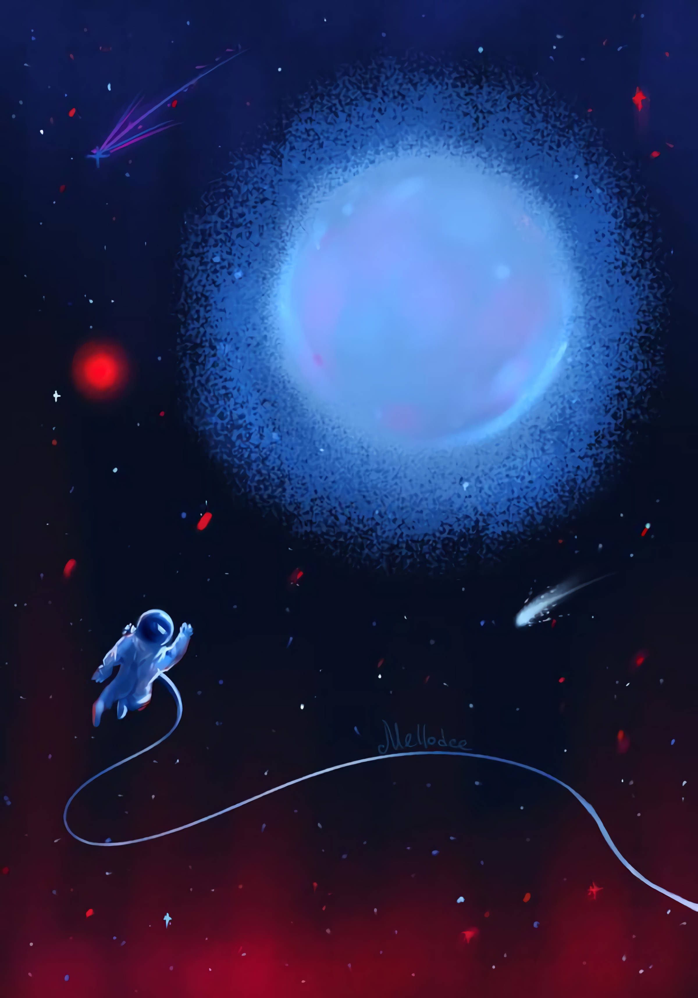 太空人 桌布 壁紙 — 一名孤獨的太空人在宇宙虛空中漂流，朝向一顆被紅色星雲和流星環繞的發光藍色行星。