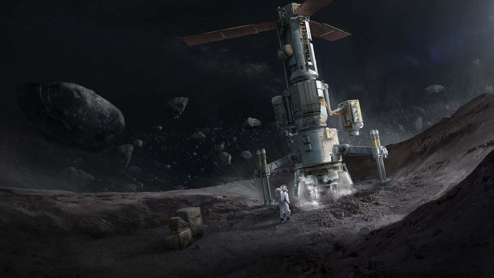 Space Mining 桌布 壁紙 — 一名孤獨的太空人在崎嶇的小行星表面探險，旁邊是擁有太陽能板的宏偉太空站，背景是繁星點點的虛空。