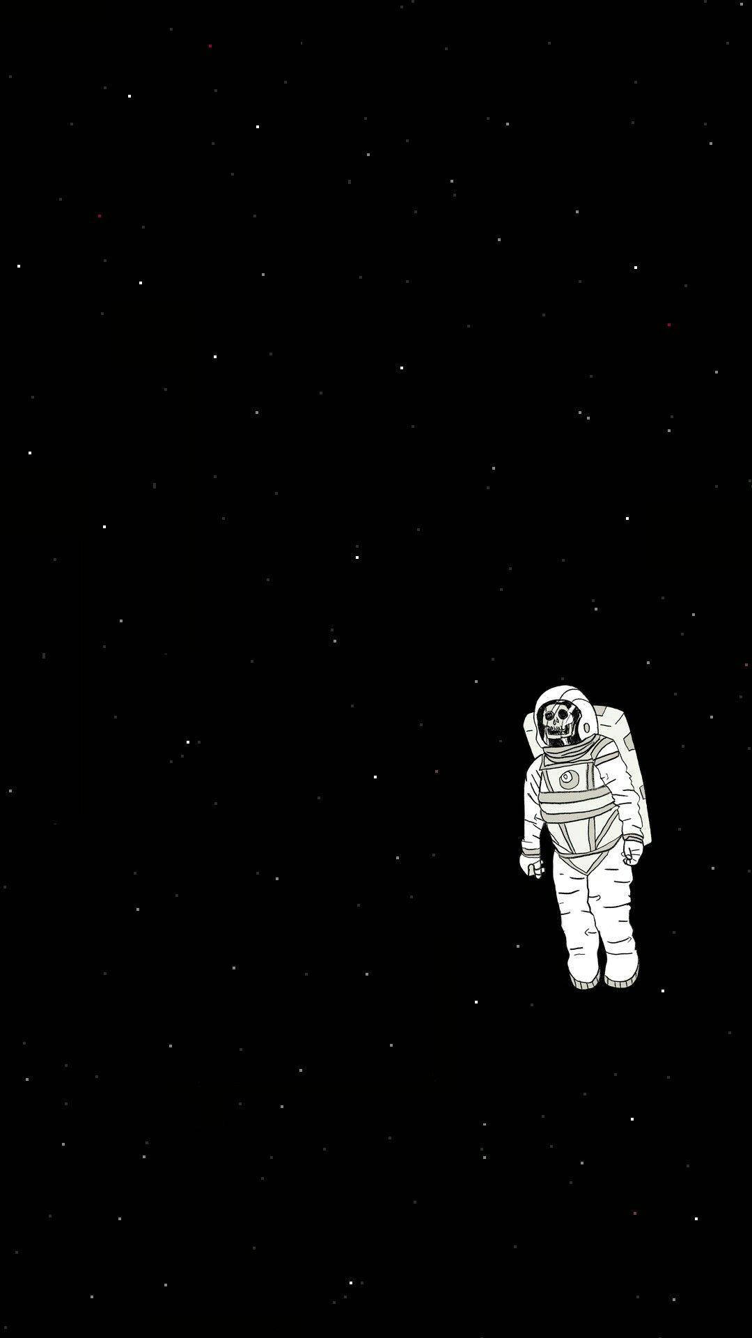 Trippy Dark 桌布 壁紙 — 一名孤獨的太空人在星空中漂浮於深空，以鮮明的黑白線條藝術呈現。