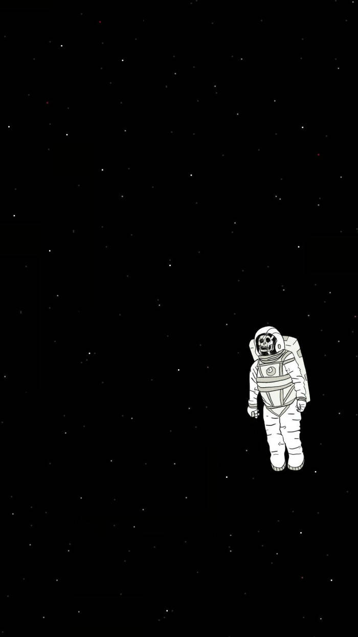 手機 桌布 壁紙 — 一名孤獨的太空人在黑色背景的廣闊星空太空中漂浮。