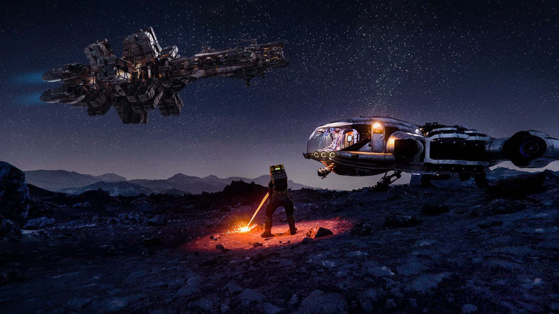 Space Mining 桌布 壁紙 — 一名孤獨的太空人夜晚站在岩石外星行星上，在星空下揮舞著發光的劍，兩艘巨大的太空船在上方盤旋。