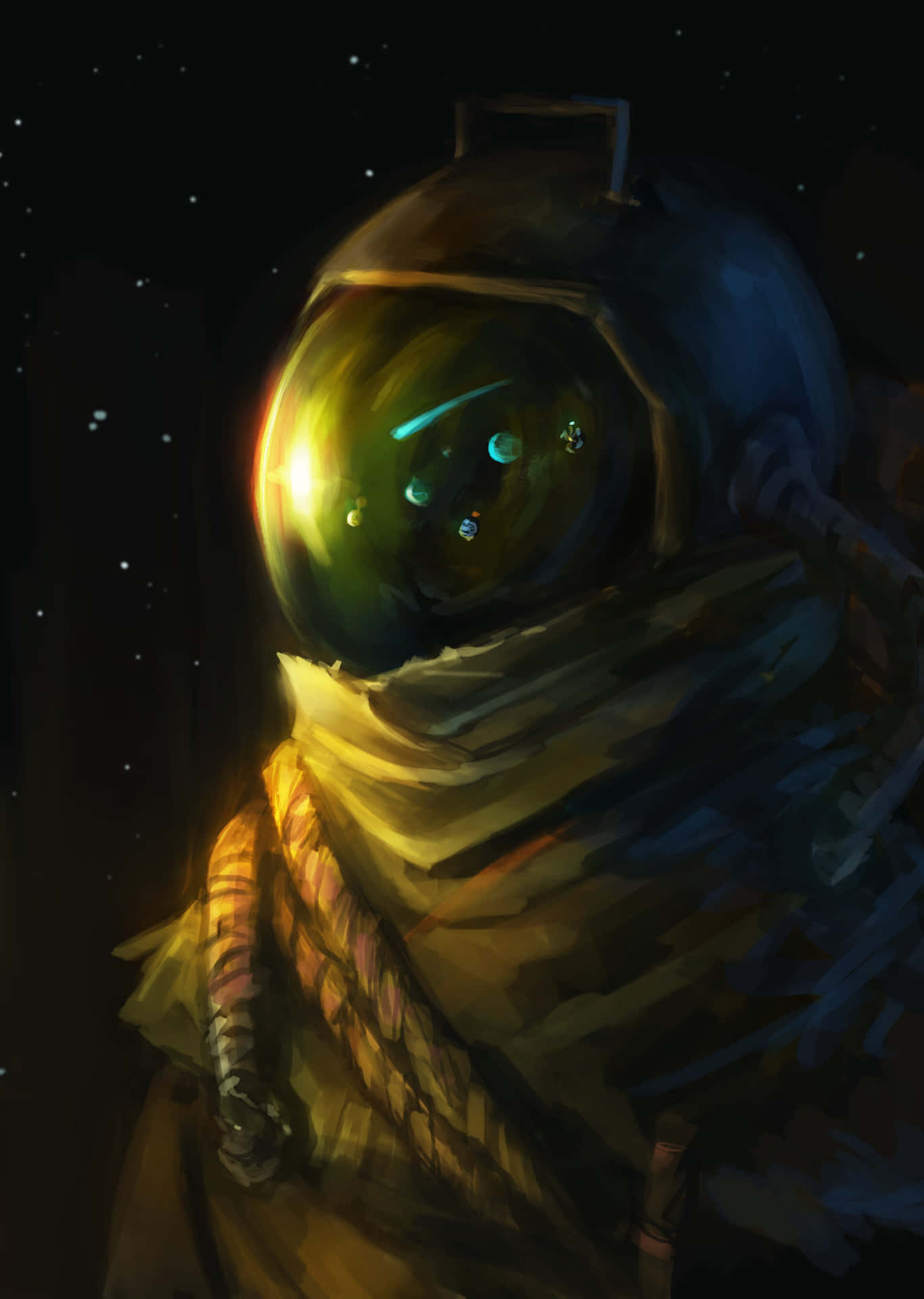 穿著太空衣的太空人透過頭盔遮陽板觀看行星，背景是星空。 — 太空人 壁紙