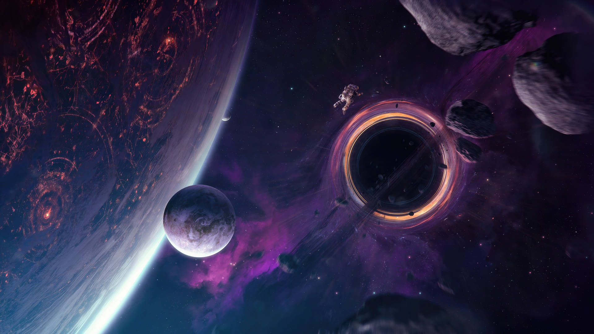 宇宙美學 桌布 壁紙 — 一名孤獨的太空人漂浮在一個發光的蟲洞附近，周圍環繞著小行星和充滿活力的紫色星雲，旁邊還有一顆發光的行星。