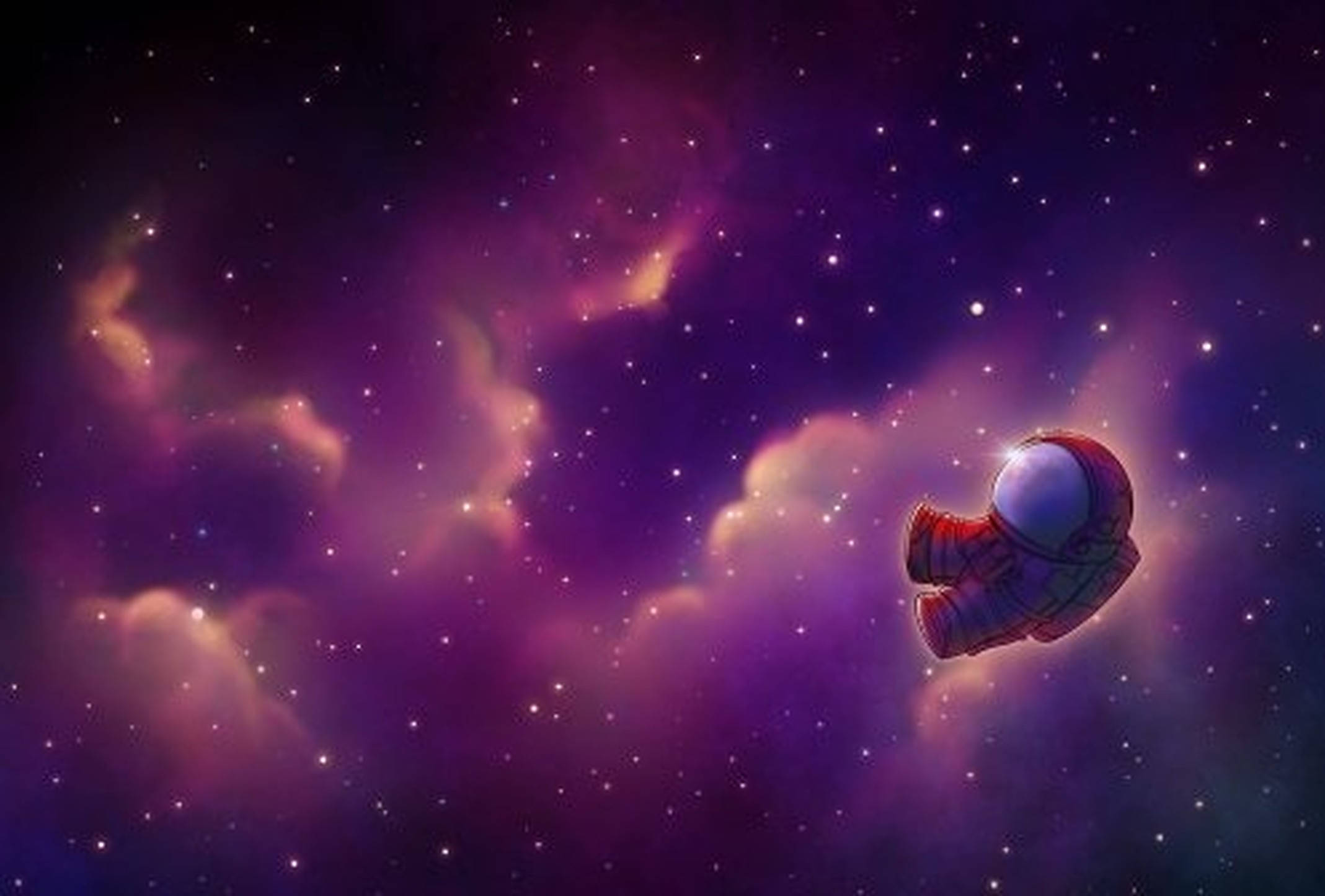 US 桌布 壁紙 — 一名孤獨的太空人漂浮在充滿發光星星和宇宙雲彩的鮮豔紫色星雲中。