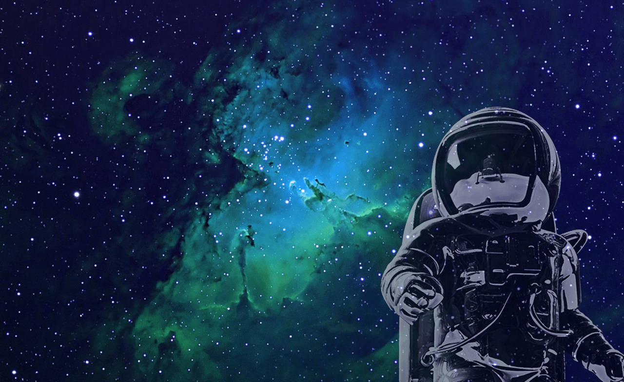  壁紙 — 一名孤獨的太空人漂浮在深空中，背景是充滿閃爍星光的鮮綠色和藍色星雲。