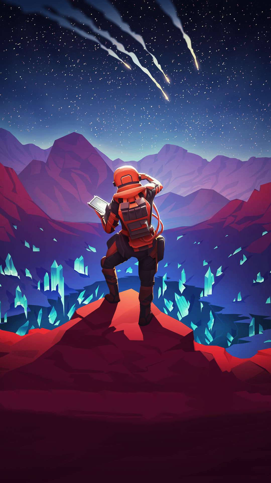 Mars iPhone 桌布 壁紙 — 一名孤獨的太空人穿著橙色裝備，站在深紅色的山頂上，凝視著流星劃過星空下閃耀的水晶山谷。