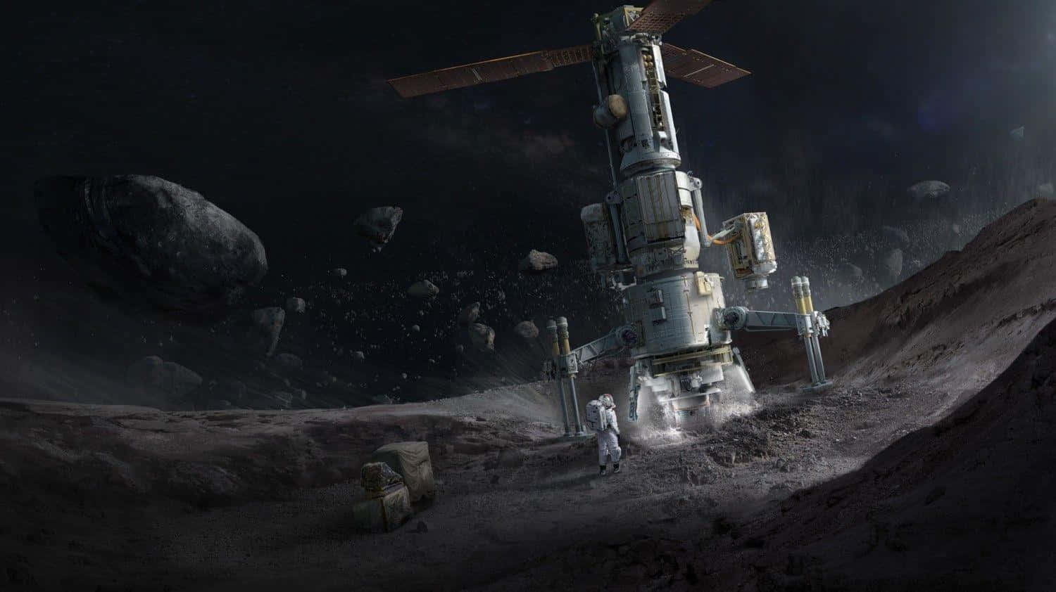 Astronaut Desktop 桌布 壁紙 — 一名孤獨的太空人站在一個巨大的太空站旁邊，身處荒蕪的小行星帶，上方是繁星點點的虛空。