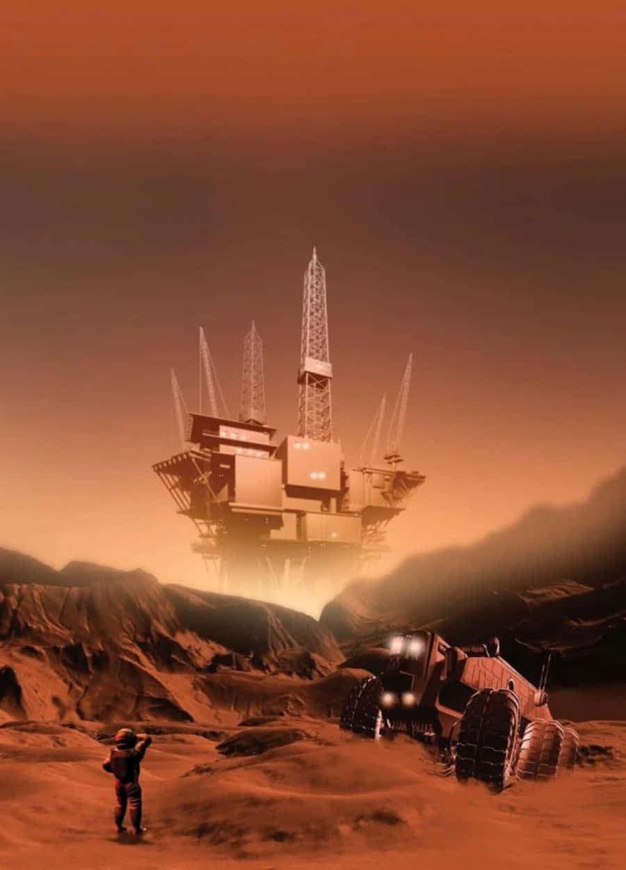 Space Mining 桌布 壁紙 — 一名孤獨的太空人站在一個巨大的未來太空站前，該太空站懸浮在塵土飛揚的外星峽谷上空，正值日落時分。