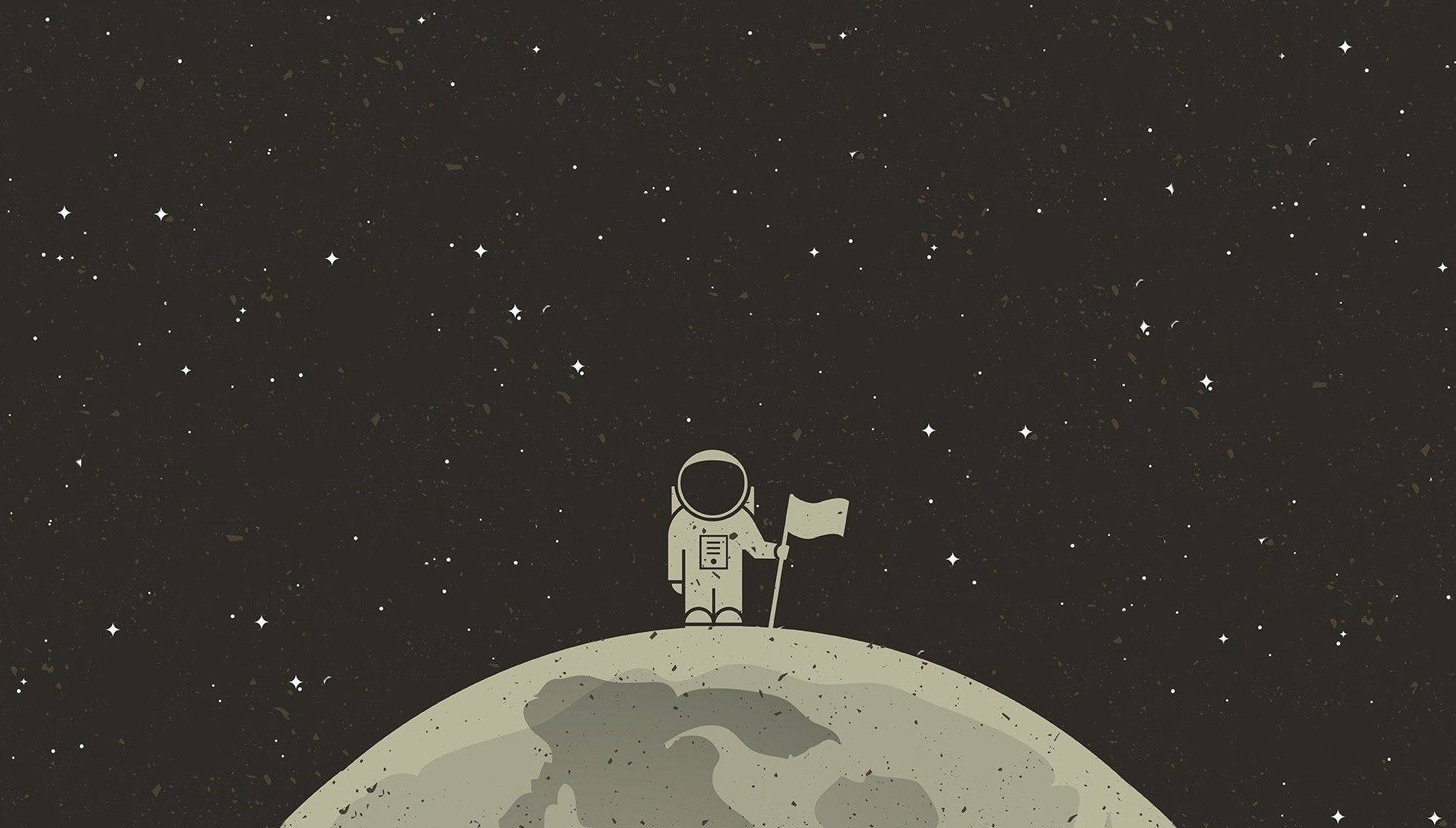 地球 桌布 壁紙 — 一名孤獨的太空人站在佈滿隕石坑的月球上，在繁星點點的夜空下舉著旗幟。