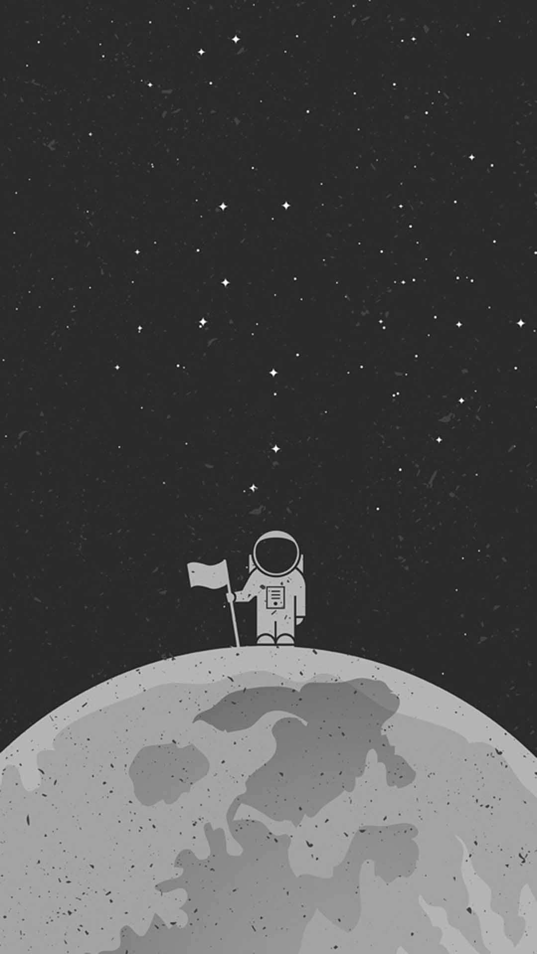 Animated Space 桌布 壁紙 — 一名孤獨的太空人站在佈滿隕石坑的月球上，在繁星點點的夜空下舉著旗幟。