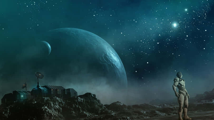 Fantasy Space 桌布 壁紙 — 一名孤獨的太空人站在岩石外星行星上，凝視著未來前哨站上方巨大的藍色月亮和星空。