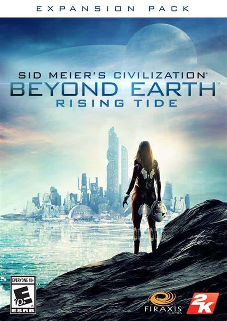 Android Civilization Beyond Earth 桌布 壁紙 — 一名孤獨的太空人站在岩石露頭上，俯瞰著一座從水中升起、在暮色天空下、伴隨著一輪巨大月亮的未來外星城市。