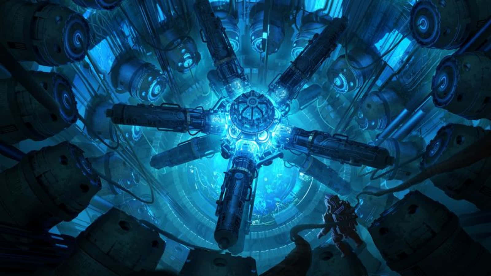 Space Station 桌布 壁紙 — 一名孤獨的太空人站在發光藍色中央核心下方，周圍是巨大的機械手臂，處於未來科幻風格的房間。