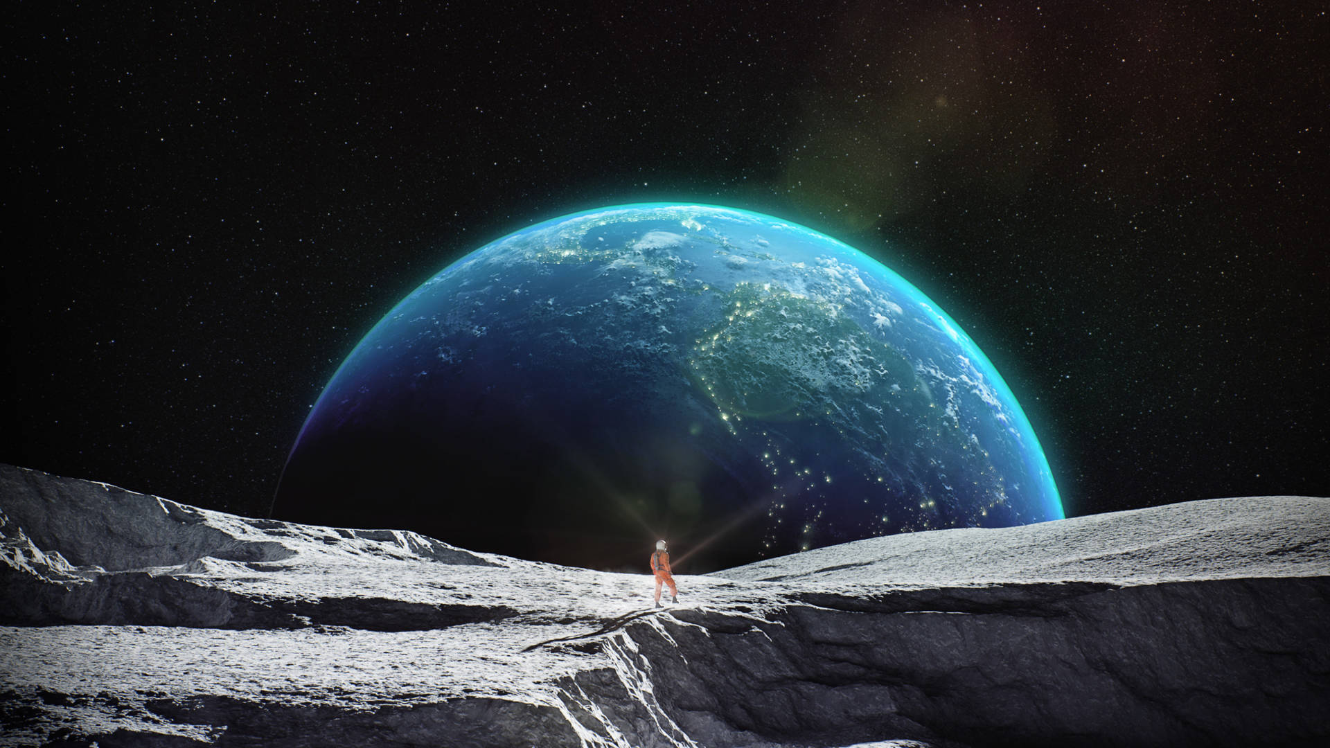 一名太空人在岩石月球表面上仰望星空背景下發光的藍色地球。 — 太空人 壁紙