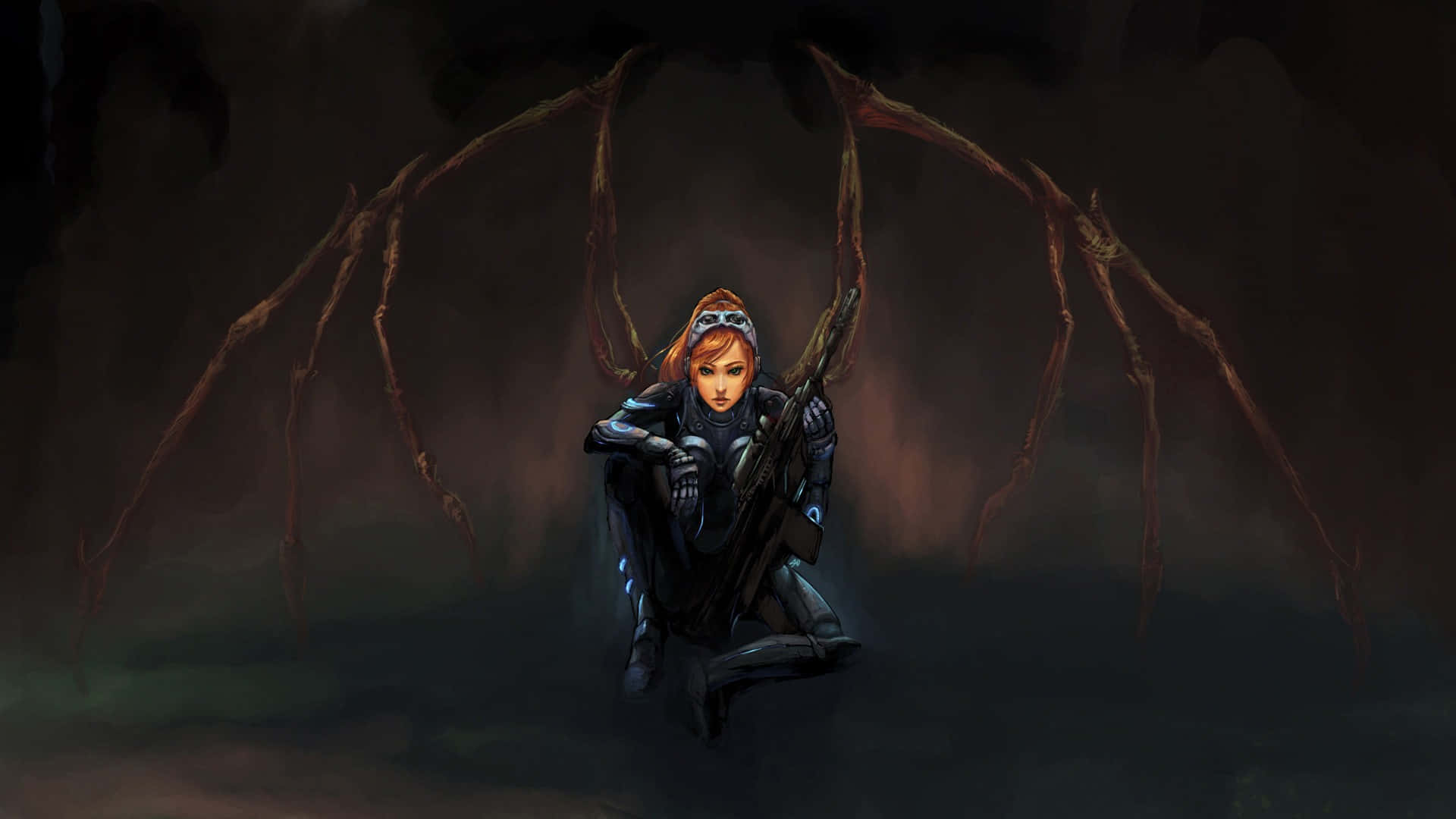 Starcraft Characters 桌布 壁紙 — 一名孤獨的女兵身穿暗色盔甲，蹲伏著步槍，被陰暗洞穴中巨大的陰影蜘蛛腿所環繞。