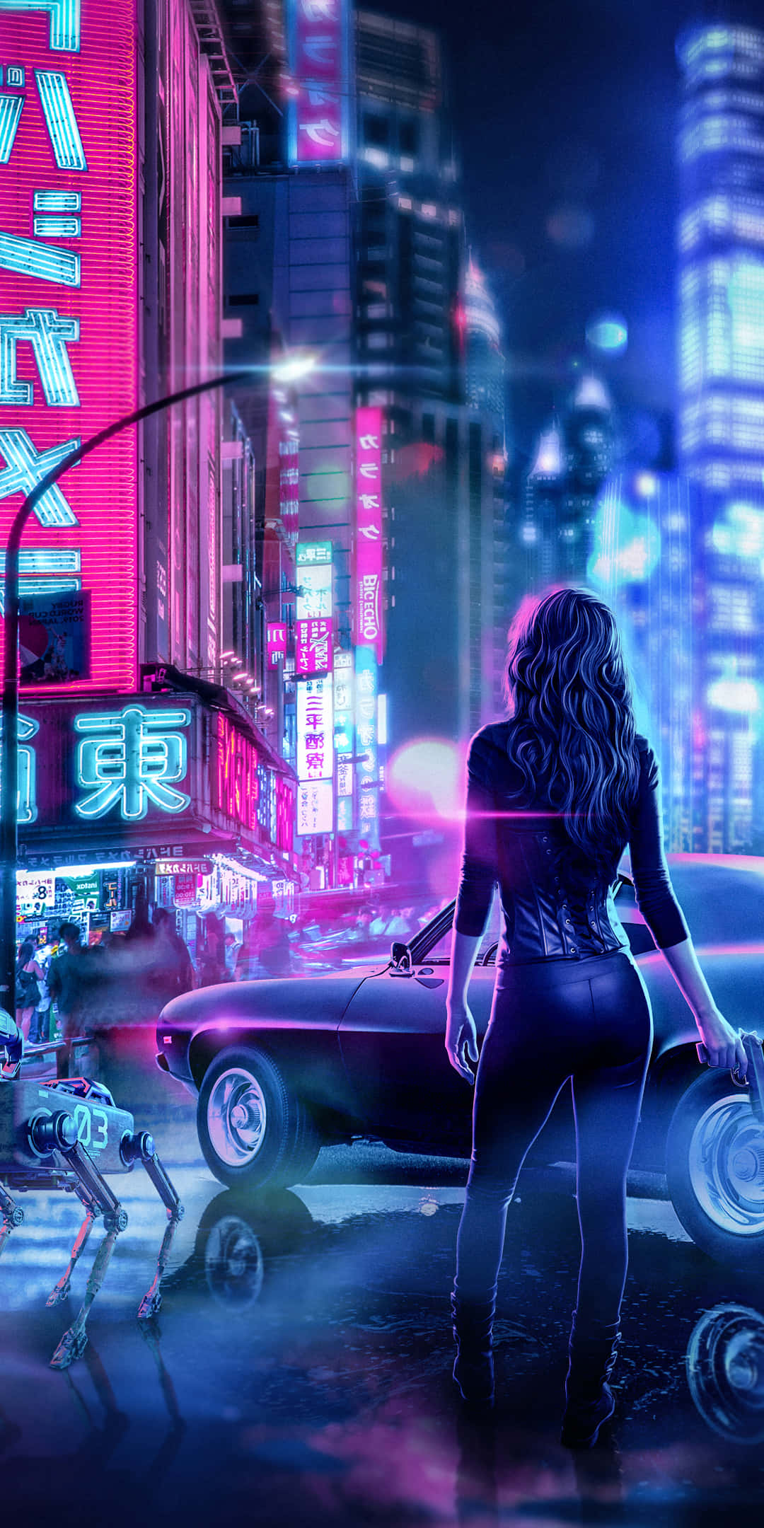 Pixel 3 Cyberpunk 2077 桌布 壁紙 — 一名孤獨的女子在夜晚站在一輛經典汽車旁，身處霓虹燈閃爍的賽博朋克城市景觀中。