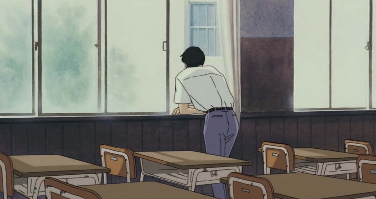 Studio Ghibli Ocean Waves 桌布 壁紙 — 一名孤獨的學生在學校教室裡站在窗邊，靜靜地凝視窗外。