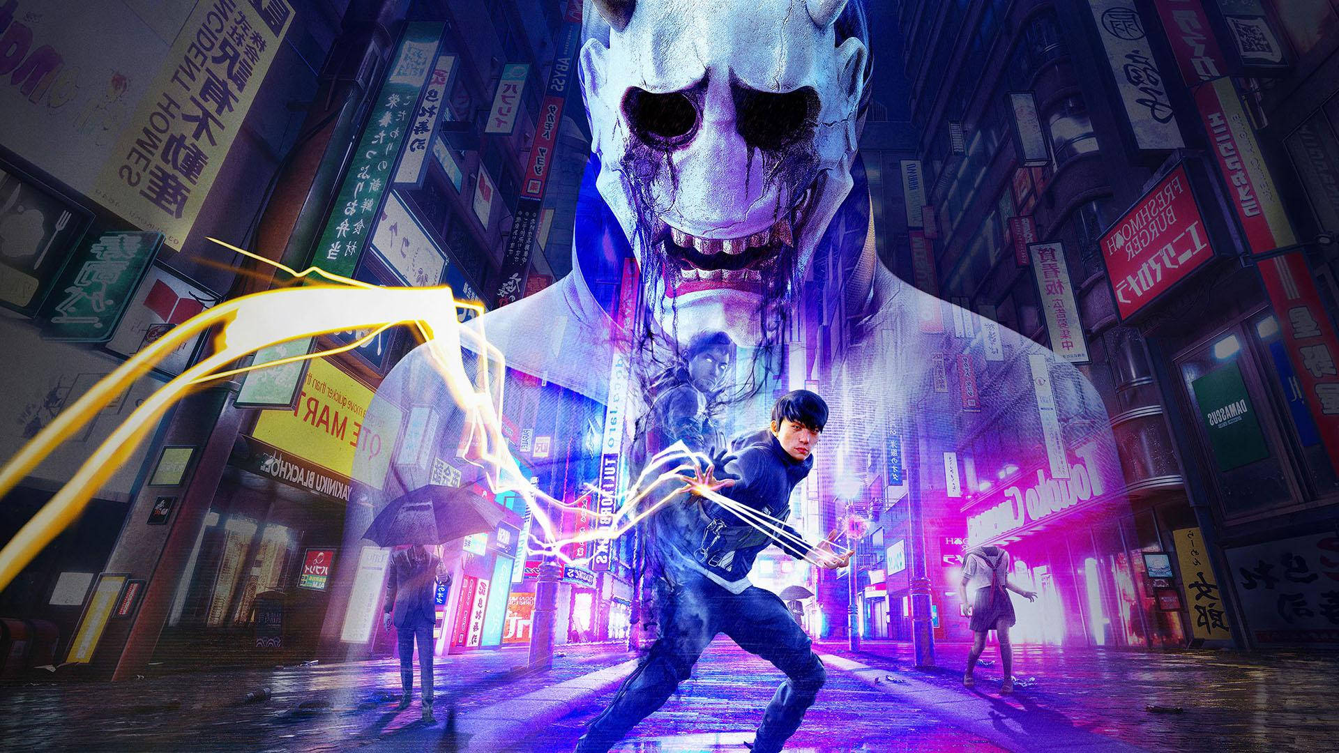 Ghostwire Tokyo 桌布 壁紙 — 一名孤獨的戰士在夜晚霓虹燈閃爍的賽博龐克東京小巷中與一個巨大的惡魔面具戰鬥。