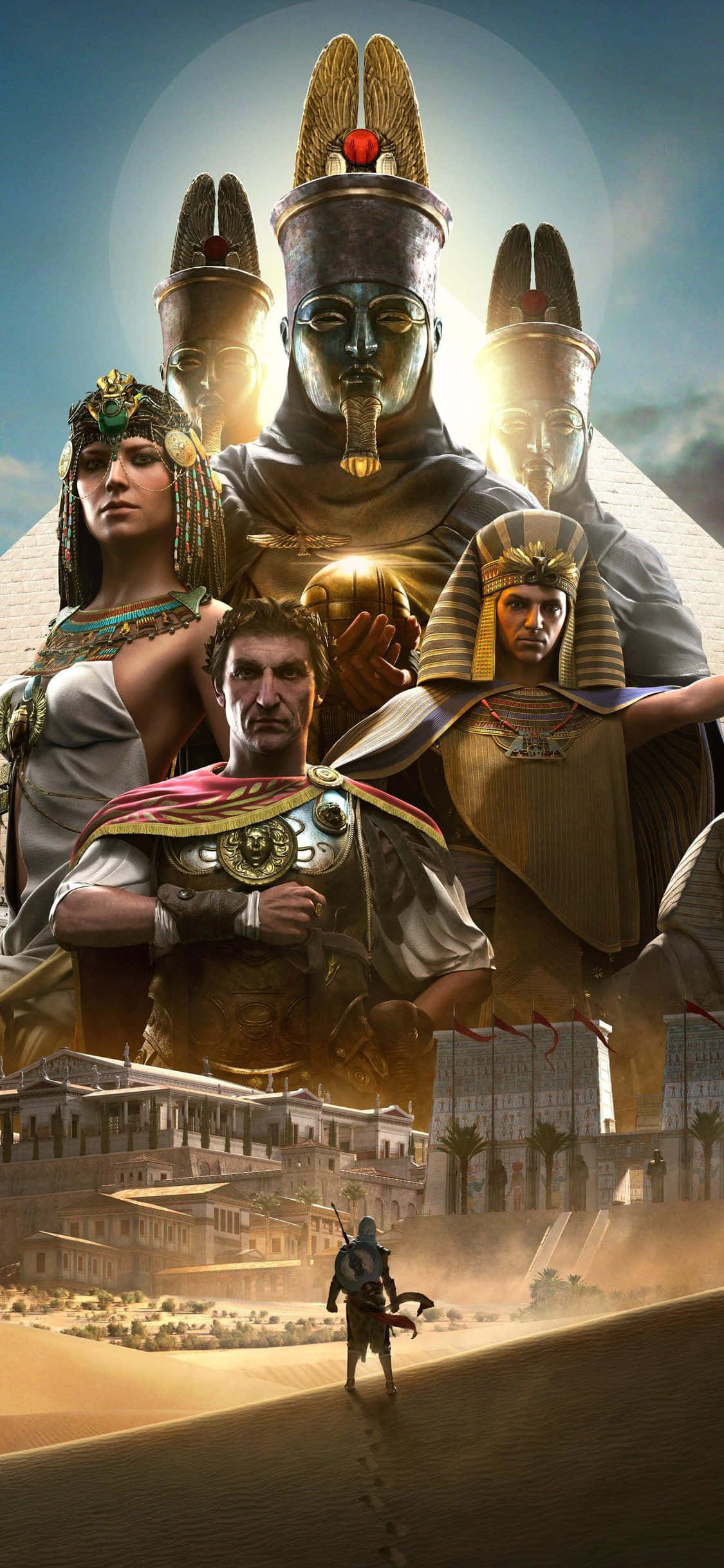 iPhone X Assassin's Creed Valhalla 桌布 壁紙 — 一名孤獨的戰士在熾熱的太陽下走向古埃及遺跡，周圍環繞著巨大的雕像和威嚴的人物。