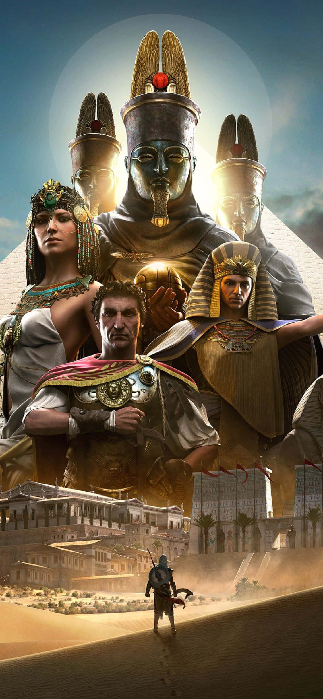 iPhone X Assassin's Creed Origins 桌布 壁紙 — 一名孤獨的戰士在熾熱的太陽下走向古埃及遺跡，身後聳立著巨大的法老雕像。
