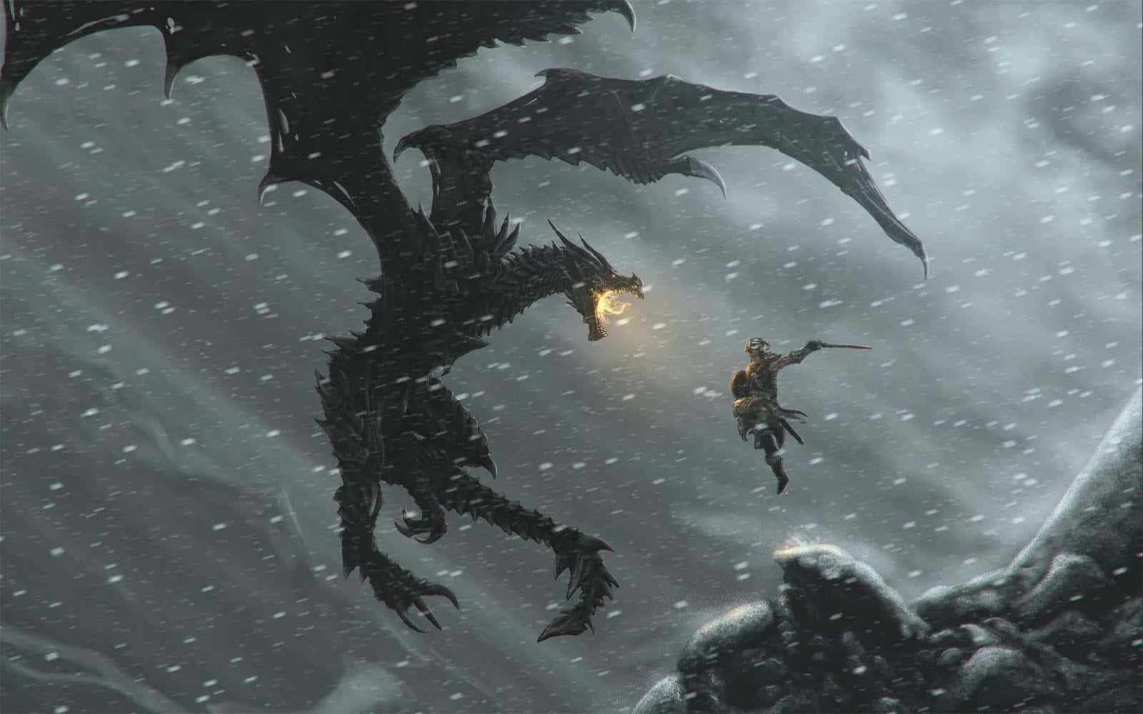 The Elder Scrolls V Skyrim 桌布 壁紙 — 一名孤獨的戰士在雪崖上的暴風雪中與一隻巨大的黑色飛龍對峙。