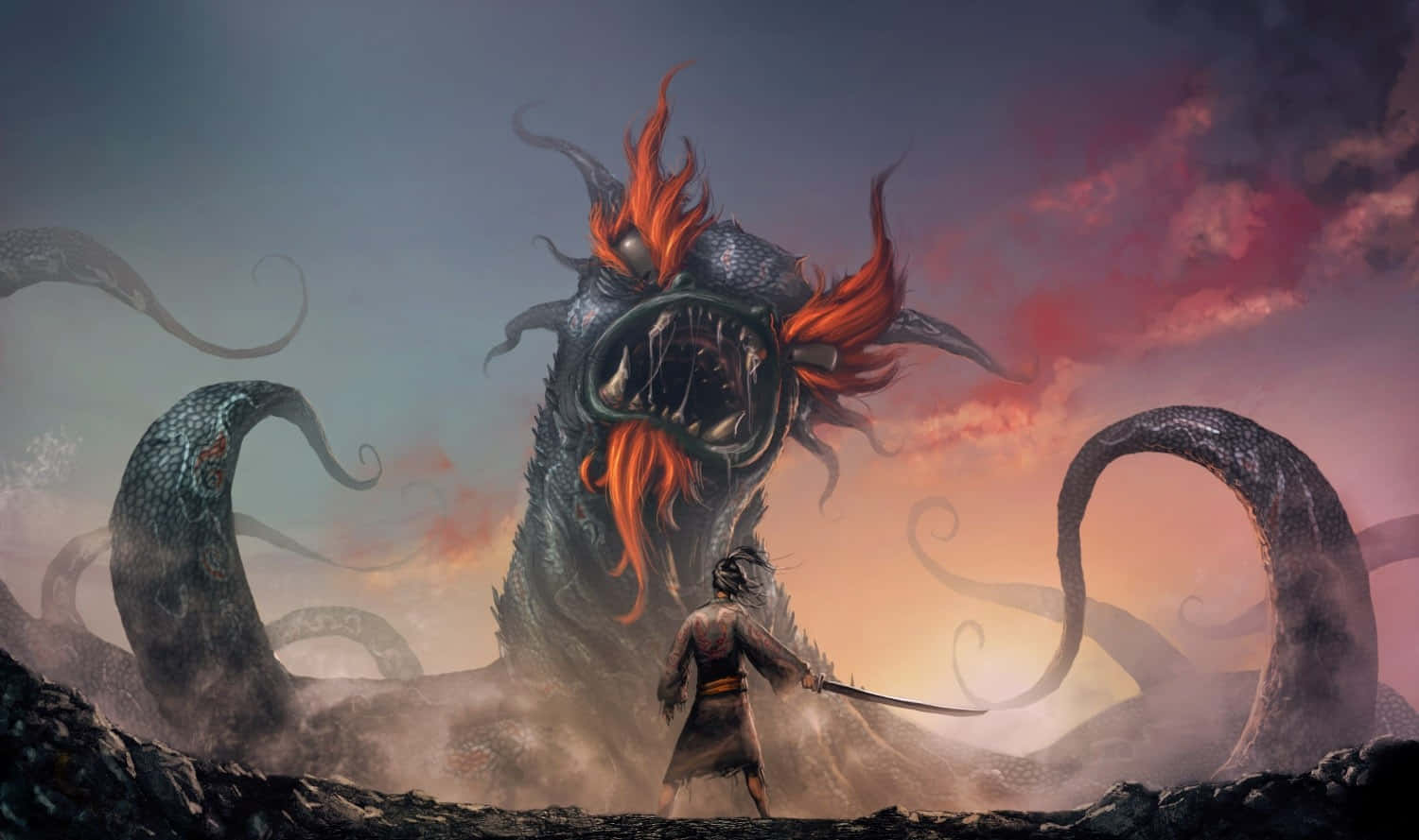 samurai jack 桌布 壁紙 — 一名孤獨的戰士在黃昏時分，傲然屹立於從暴風雨天空中升起的、有著火焰巨口的巨大海怪面前。