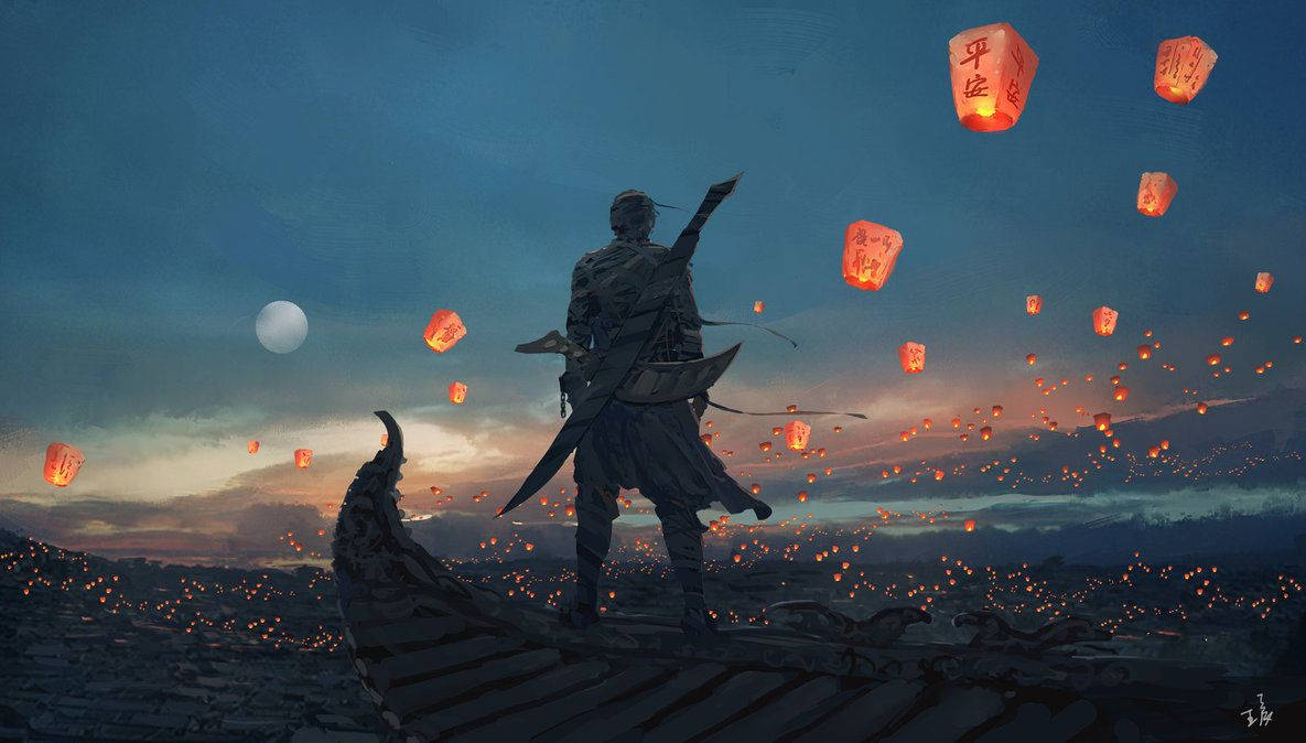 Deviantart 桌布 壁紙 — 一名孤獨的戰士在黃昏時站在船上，將發光的紅色燈籠釋放到滿月的暮色天空中。