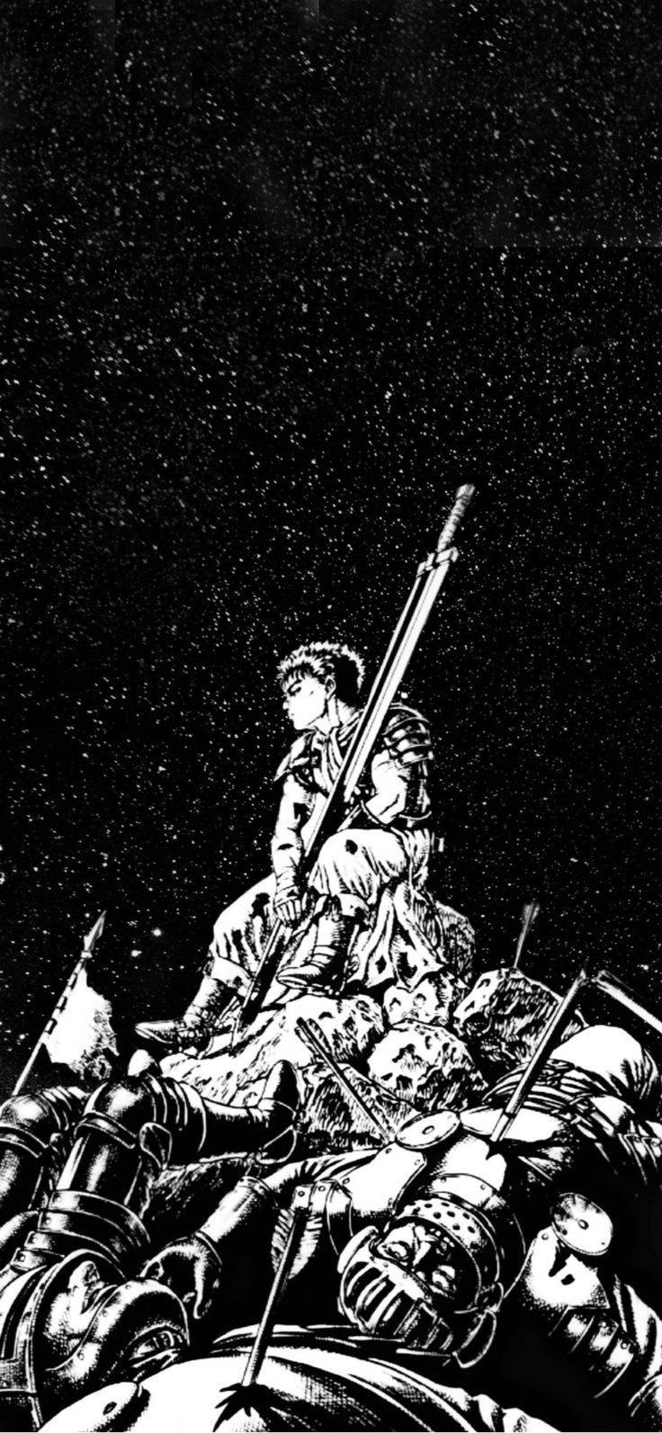 Berserk Guts 桌布 壁紙 — 一名孤獨的戰士坐在一堆倒下的裝甲士兵之上，在繁星點點的夜空下，手持一把長劍。