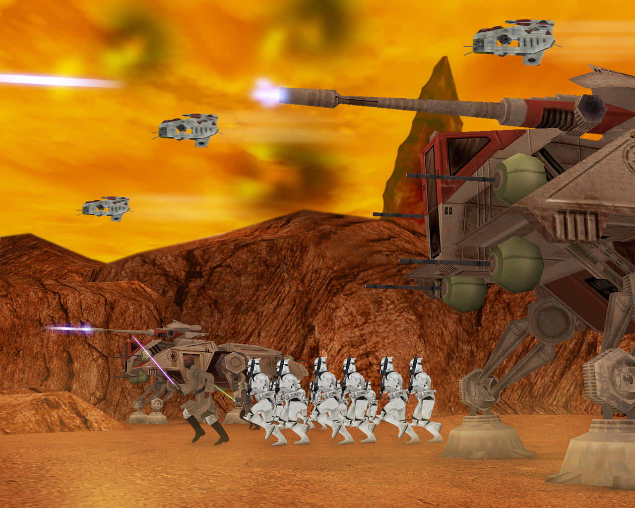 The Battle Of Geonosis 桌布 壁紙 — 一名孤獨的戰士手持紫色光劍，在沙漠星球上與一排白色裝甲士兵戰鬥，天空是熾熱的橙色，遠處有戰鬥機器人和星際戰機。
