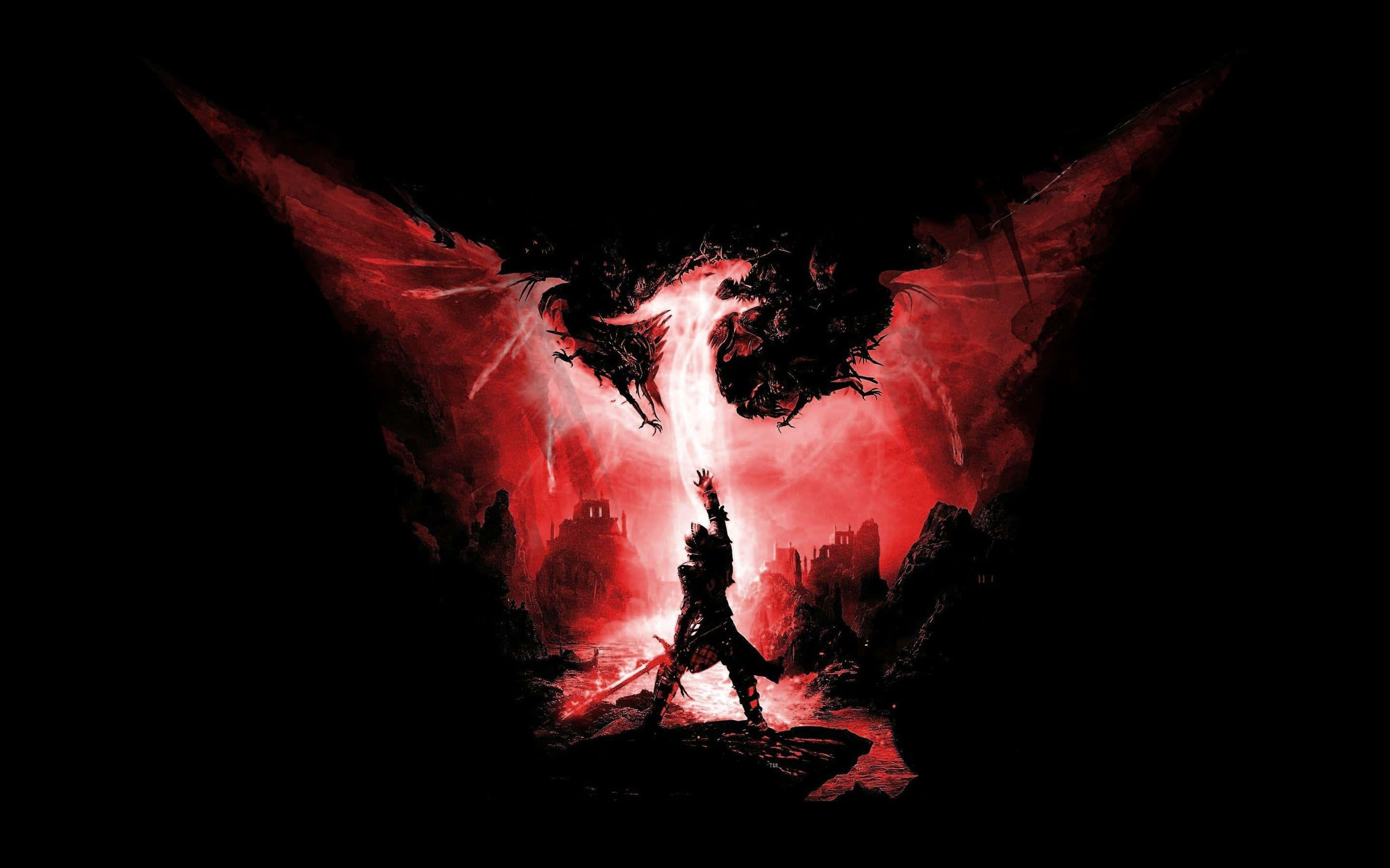 Best Dragon Age Inquisition 桌布 壁紙 — 一名孤獨的戰士無畏地對抗從烈焰深淵中出現的巨型紅翼惡魔。