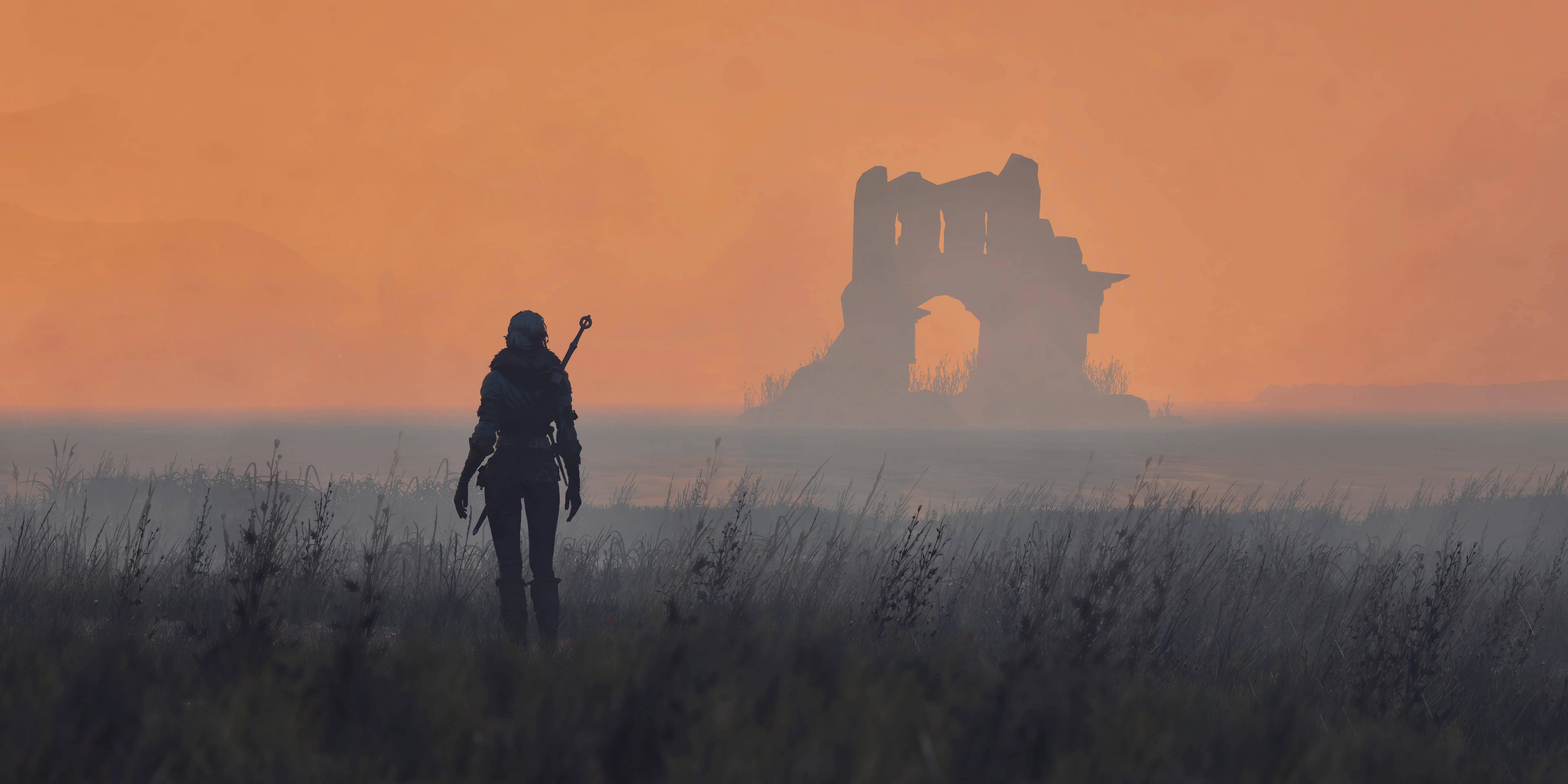 witcher 4K 桌布 壁紙 — 一名孤獨的戰士穿過霧氣瀰漫的草地，走向一座在火紅橙色夕陽天空下搖搖欲墜的廢墟。