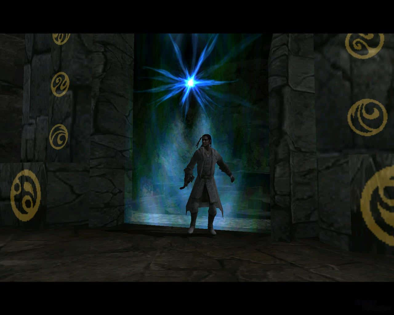 Demon Realm 桌布 壁紙 — 一名孤獨的戰士站在一個黑暗石室中，面對一個發著藍光的傳送門，石室裝飾著金色螺旋符號。