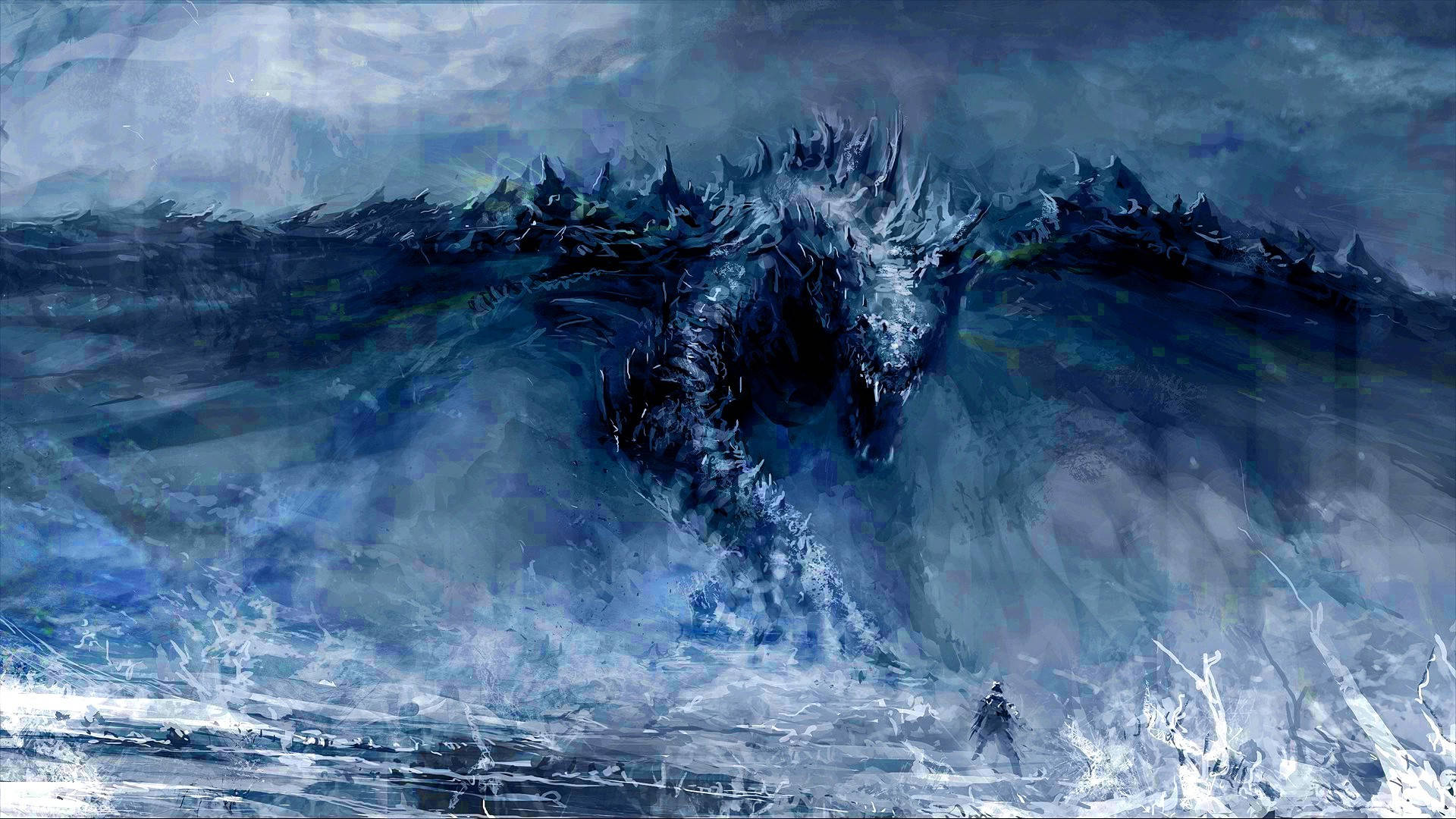 水龍 桌布 壁紙 — 一名孤獨的戰士站在一頭巨大的冰龍面前，這條龍從暴風雨的海面上升起，天空陰暗。