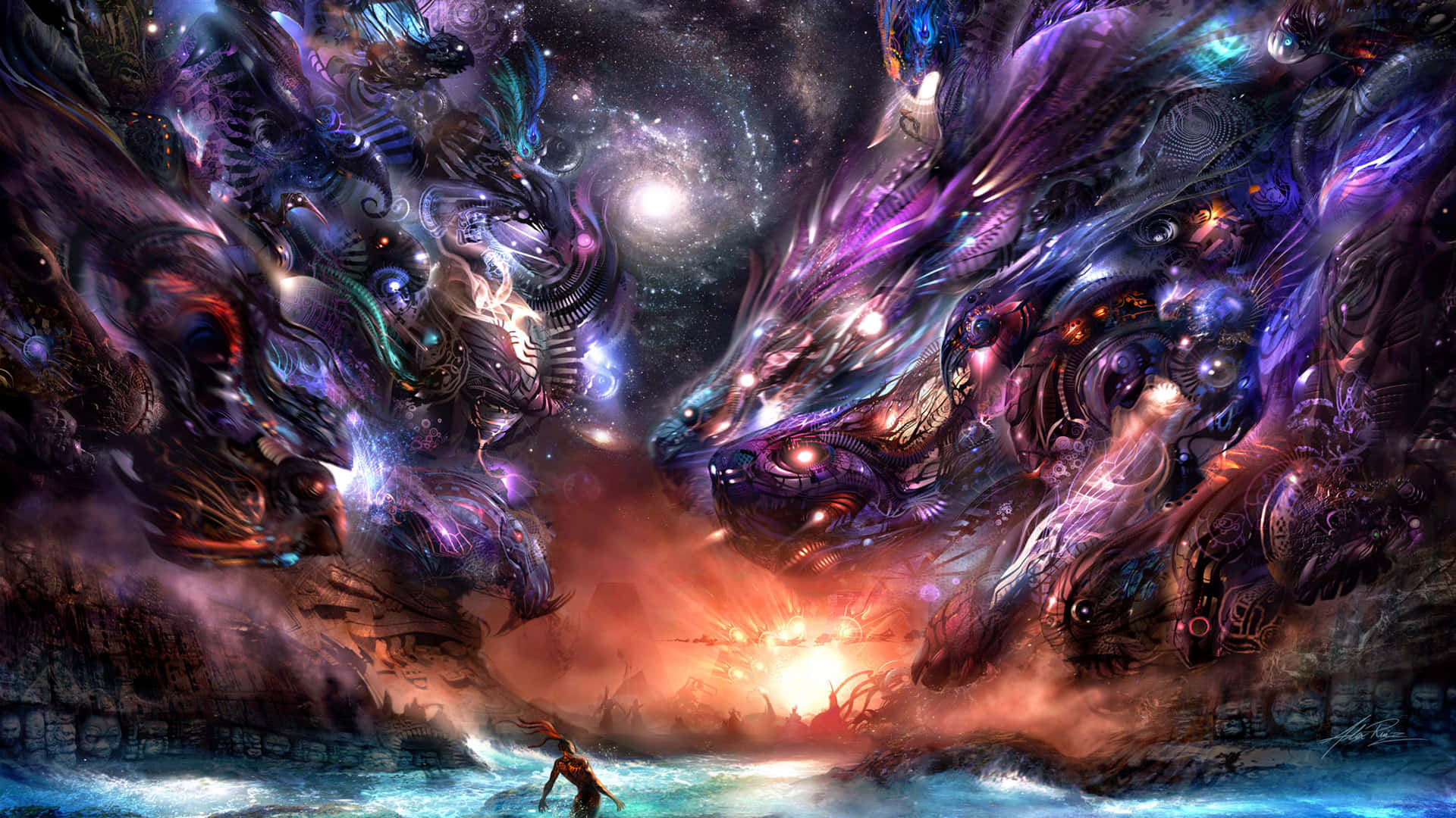 Fine Arts 桌布 壁紙 — 一名孤獨的戰士站在兩條巨大的宇宙龍面前，在發光水域上方的星空中對峙。