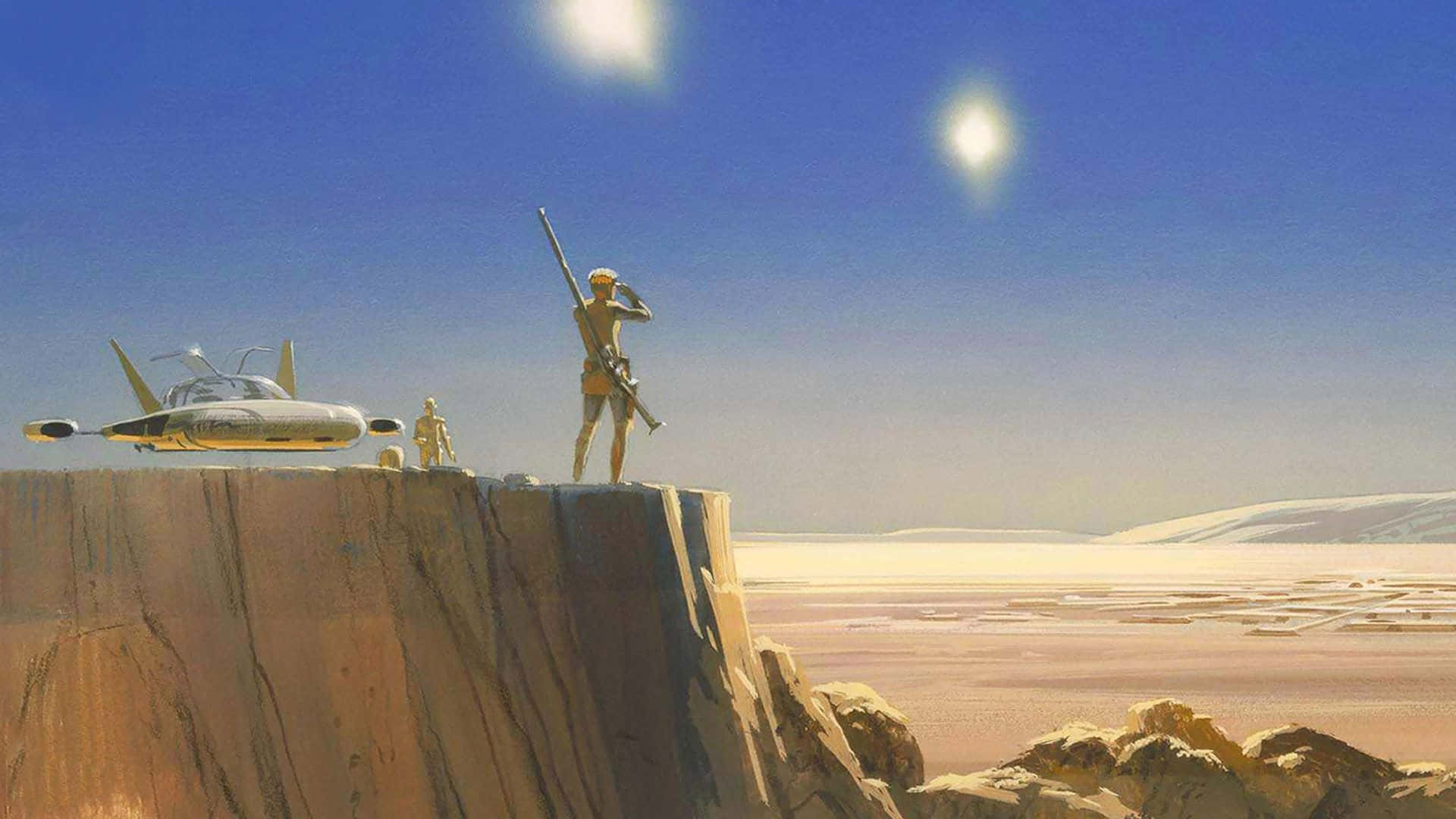 A New Hope 桌布 壁紙 — 一名孤獨的戰士站在懸崖頂上，俯瞰廣闊的沙漠，身旁有一架未來風格的飛行器，在明亮的藍天下有兩個太陽。