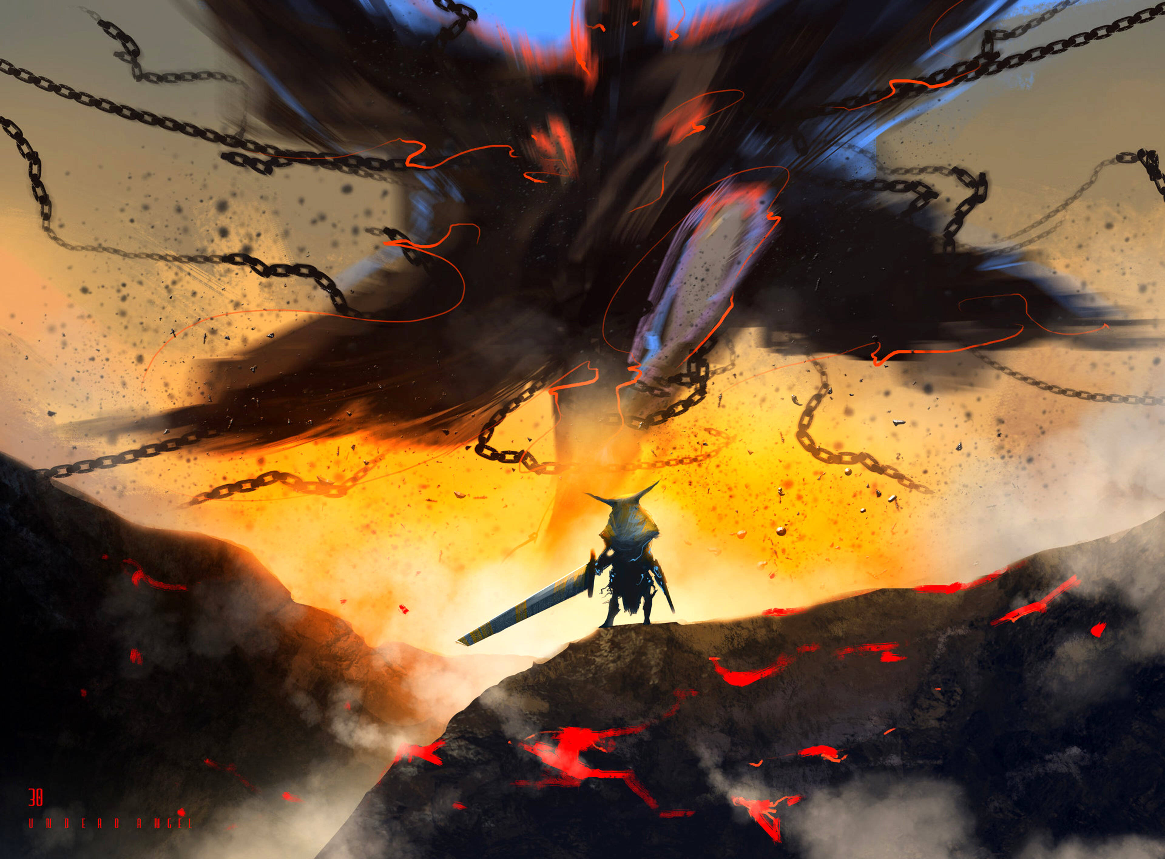 Warrior 桌布 壁紙 — 一名孤獨的戰士站在火山懸崖上，面對著一個被鎖鏈束縛的巨大惡魔，惡魔的眼睛發出紅光，背景是火紅的天空。