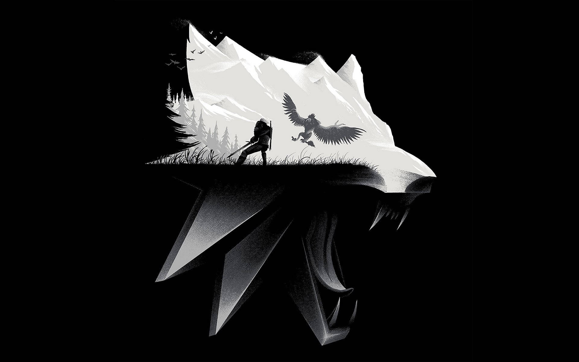 戰士與鷹在狼頭剪影上，背景是雪山。 — 巫師 壁紙