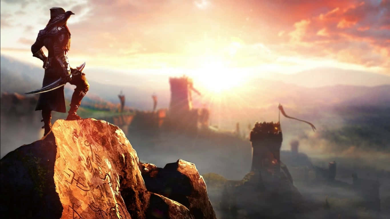 1366x768 Dragon Age Inquisition 桌布 壁紙 — 一名孤獨的戰士站在陽光照耀的懸崖上，俯瞰著日落時分霧氣籠罩的城堡，天空呈現火熱的橙色。
