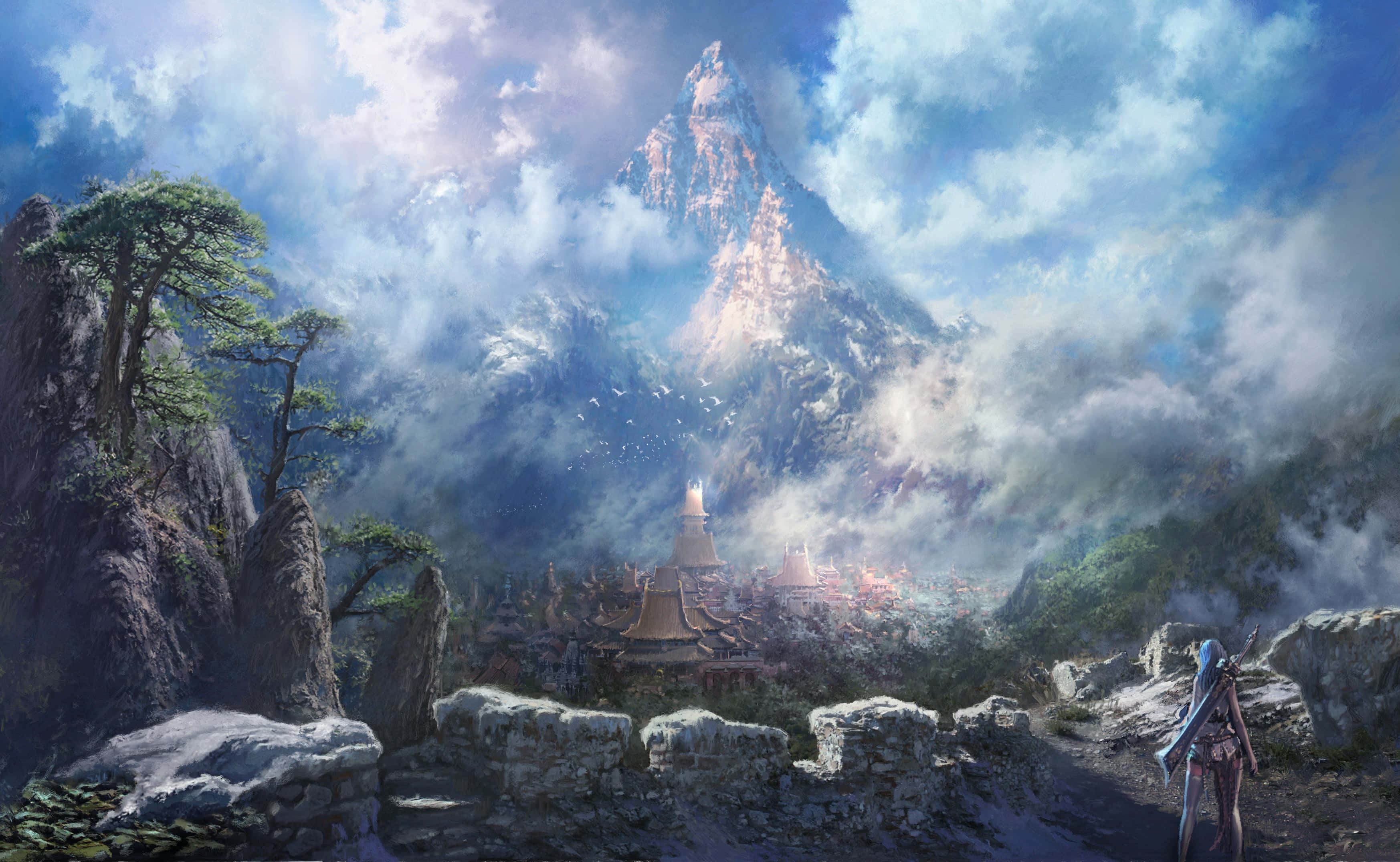 blade and soul 桌布 壁紙 — 一名孤獨的戰士站在霧氣瀰漫的山口前，俯瞰著隱藏在古老廢墟中的山谷村莊。
