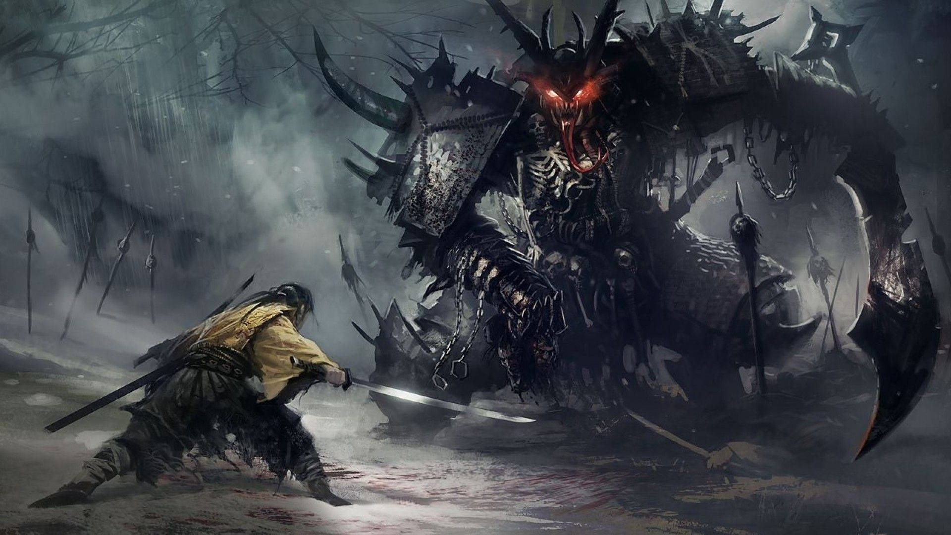 Samurai Art 桌布 壁紙 — 一名孤獨的戰士身穿黃色盔甲，在迷霧戰場上砍向一個高聳的尖刺惡魔，其眼睛發出紅光。