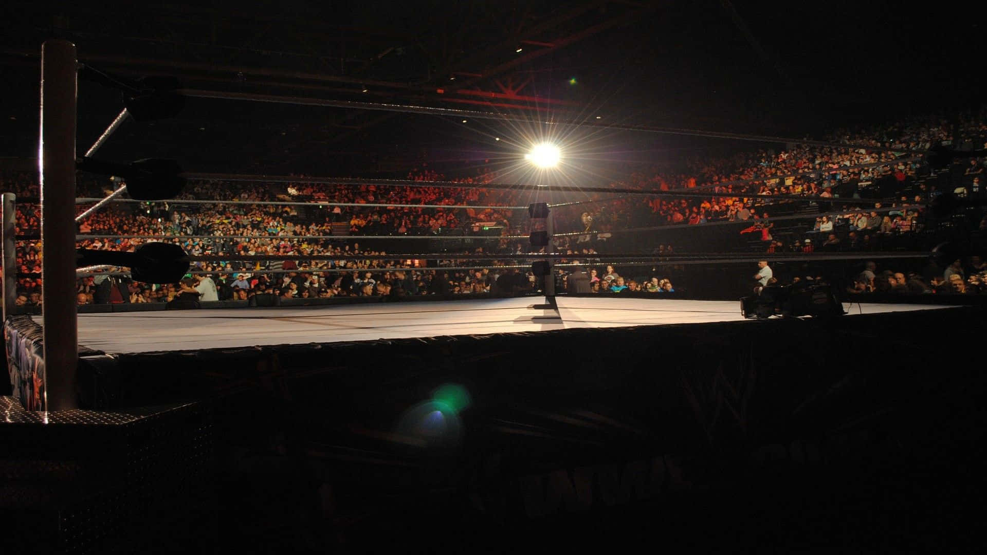 Wrestling Ring 桌布 壁紙 — 一名孤獨的摔角手站在聚光燈下燈火通明的擂台上，身後是漆黑一片、座無虛席的場館觀眾。