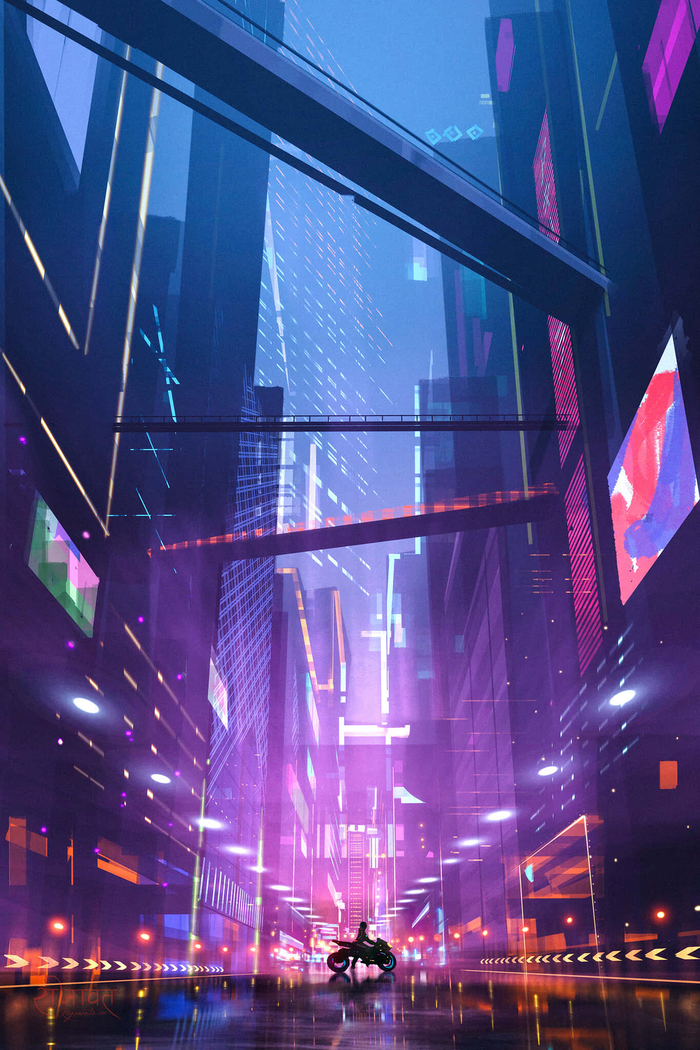 賽博龐克 桌布 壁紙 — 一名孤獨的摩托車手在夜晚穿過霓虹燈閃爍的賽博龐克城市景觀，高聳的摩天大樓和發光的數位廣告牌林立。