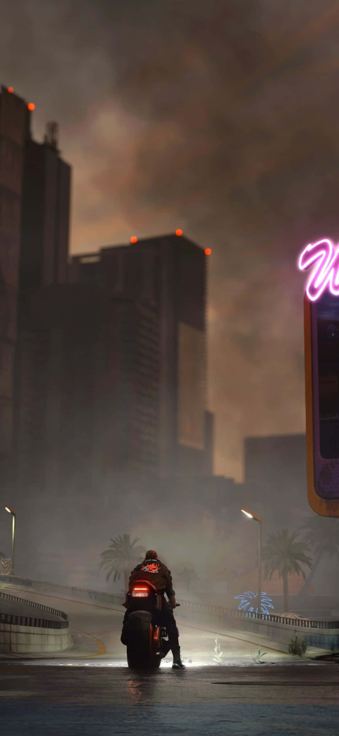 Pixel 3xl Cyberpunk 2077 桌布 壁紙 — 一名孤獨的摩托車手在夜晚騎行穿過被雨水浸濕、霓虹燈閃爍的城市景觀，高聳的摩天大樓和棕櫚樹在薄霧中。