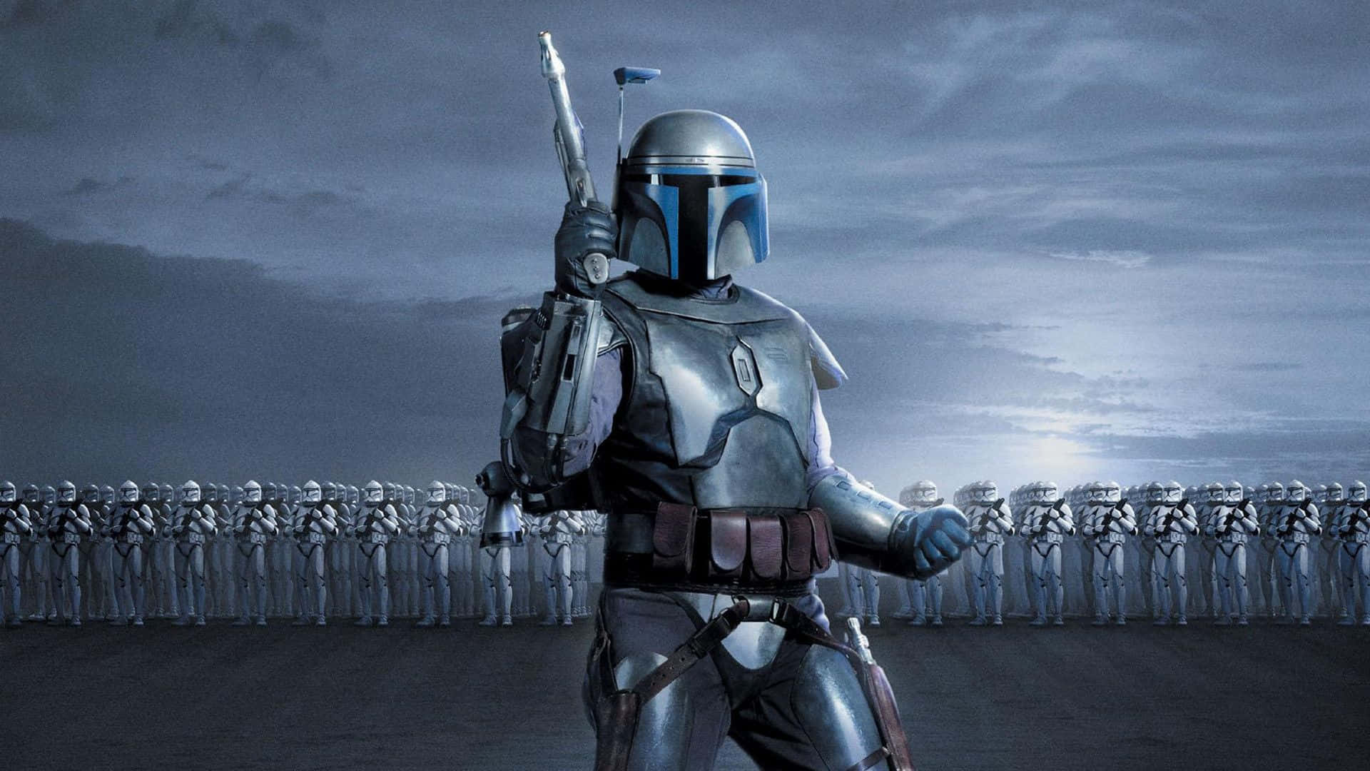 Star Wars Characters 桌布 壁紙 — 一名孤獨的曼達洛戰士在陰沉的暮色天空下，挑釁地站在一排風暴兵面前。