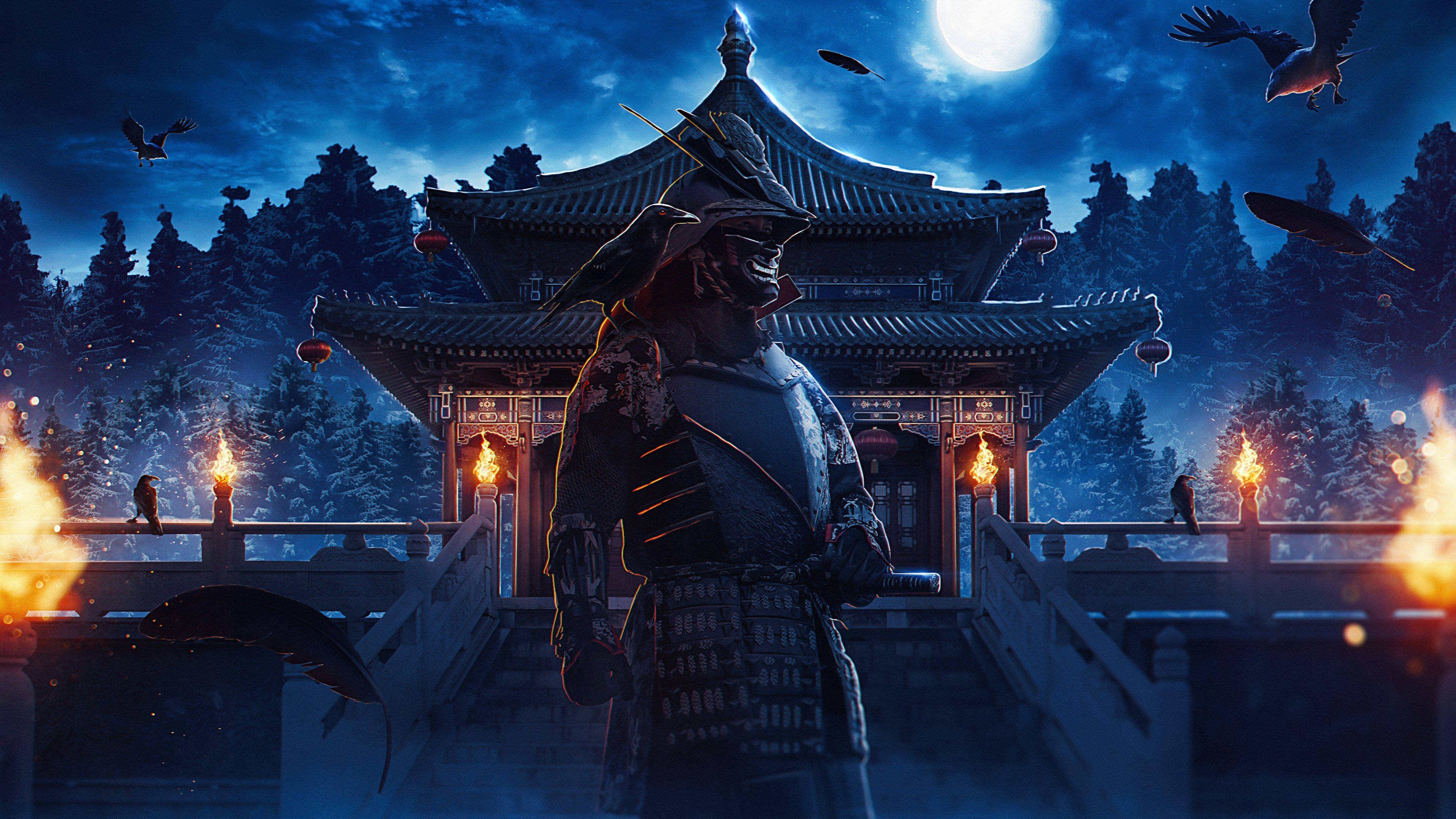 桌布 壁紙 — 一名孤獨的武士在滿月下，手持火把，伴隨飛翔的烏鴉，守衛在傳統寺廟前。