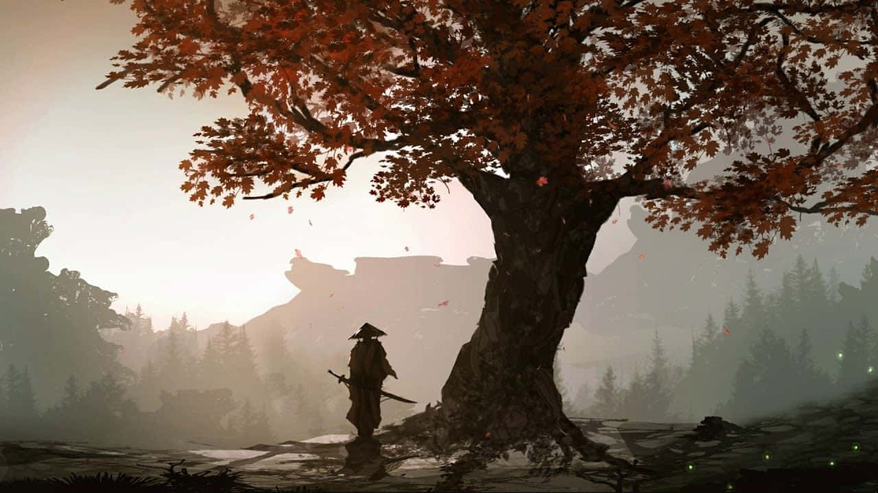 武士動畫 桌布 壁紙 — 一名孤獨的武士站在一棵巨大的秋樹下，樹葉火紅，背景是黎明時分霧氣瀰漫的山巒。