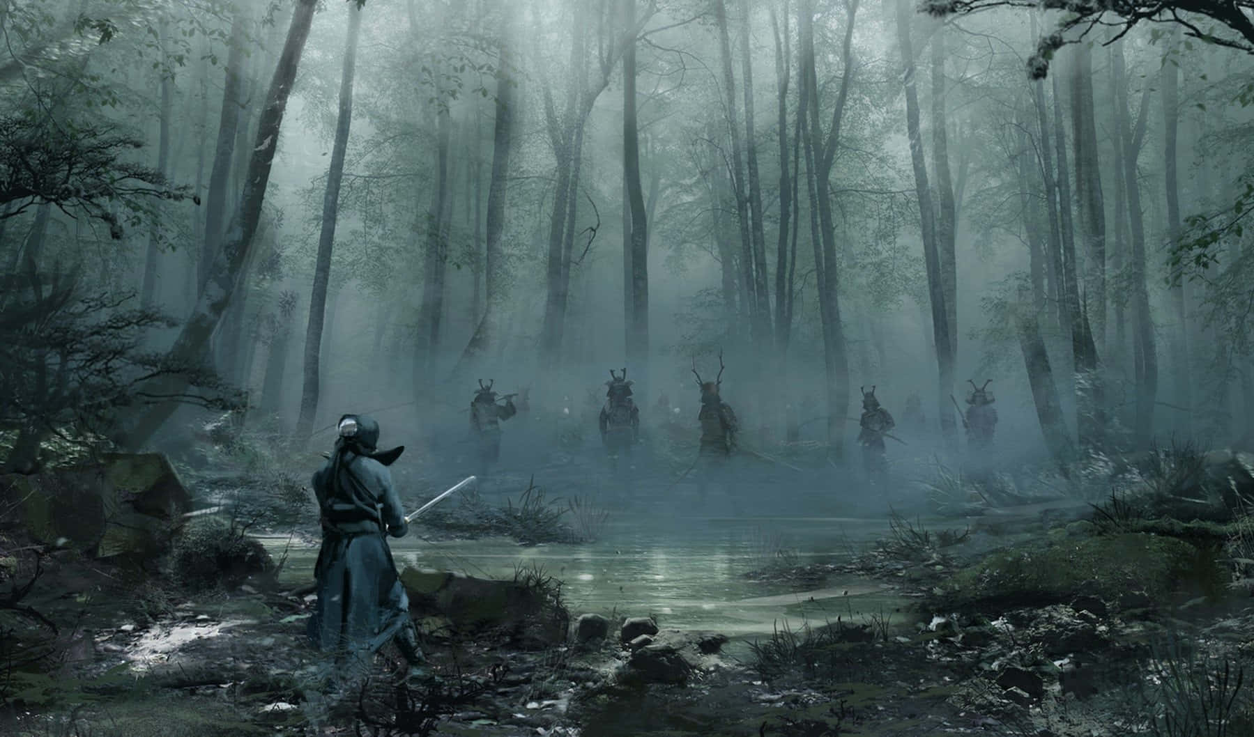 武士動畫 桌布 壁紙 — 一名孤獨的武士站在迷霧森林中，隔著淺溪面對一群身穿鎧甲的戰士。