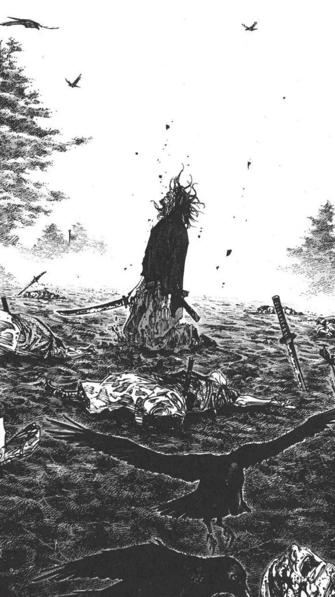 Vagabond 桌布 壁紙 — 一名孤獨的武士站在黑白戰場上，四周是倒下的戰士，天空中有鳥兒飛翔。