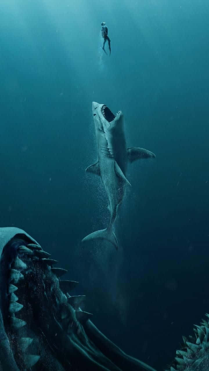 Scary Shark 桌布 壁紙 — 一名孤獨的水肺潛水員漂浮在一條巨大的大白鯊上方，而另一條 monstrous 的利齒捕食者則在深藍色海洋的下方潛伏。