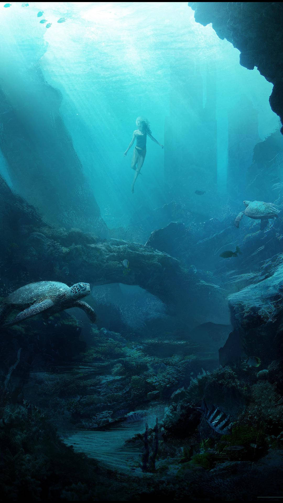 Swimming 桌布 壁紙 — 一名孤獨的潛水員在陽光照射的水下洞穴中滑行，海龜在古老的石頭廢墟旁游過。